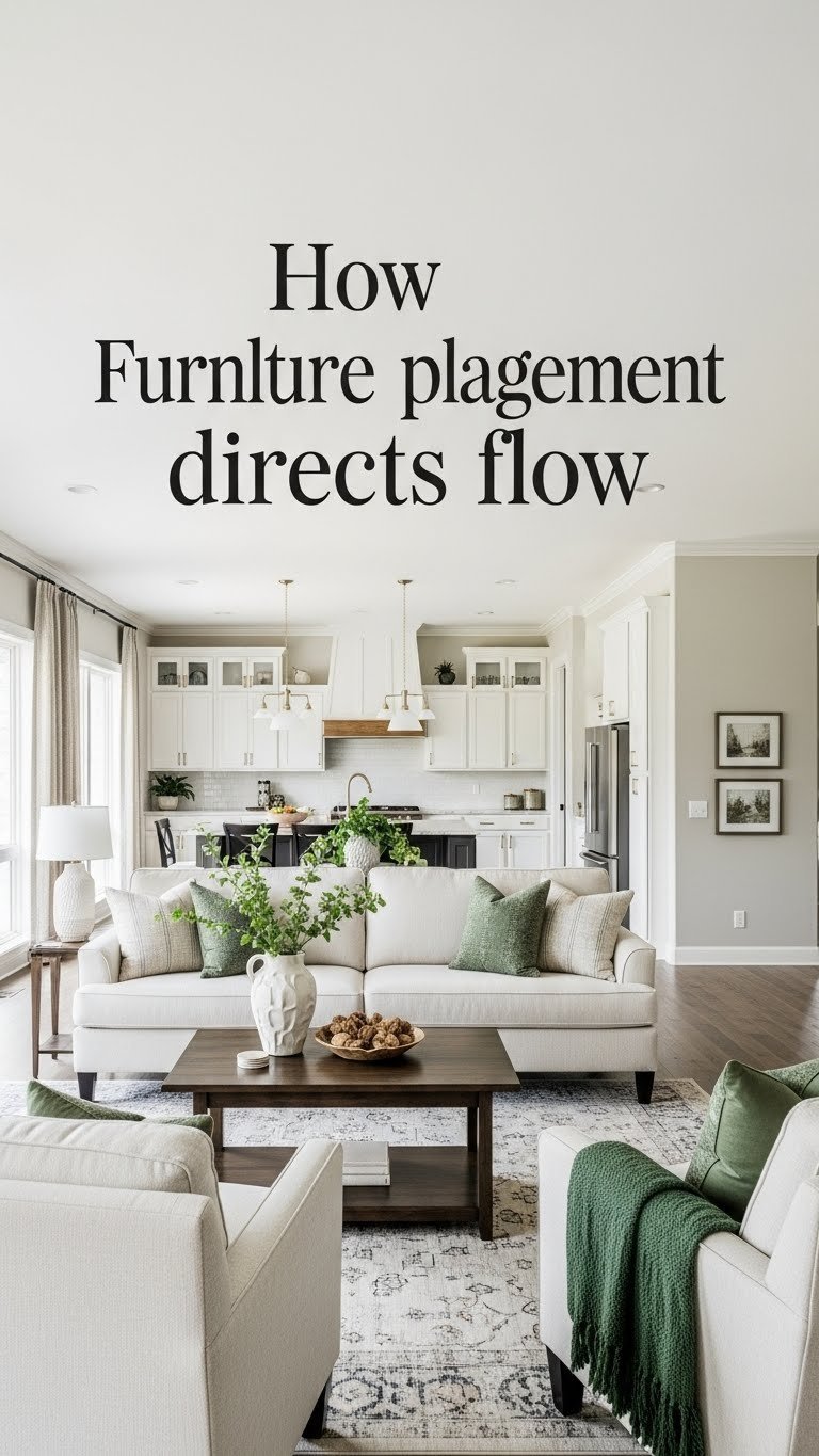 Open concept living room with sectional sofa and armchairs defining a comfortable seating area, directing flow and design.