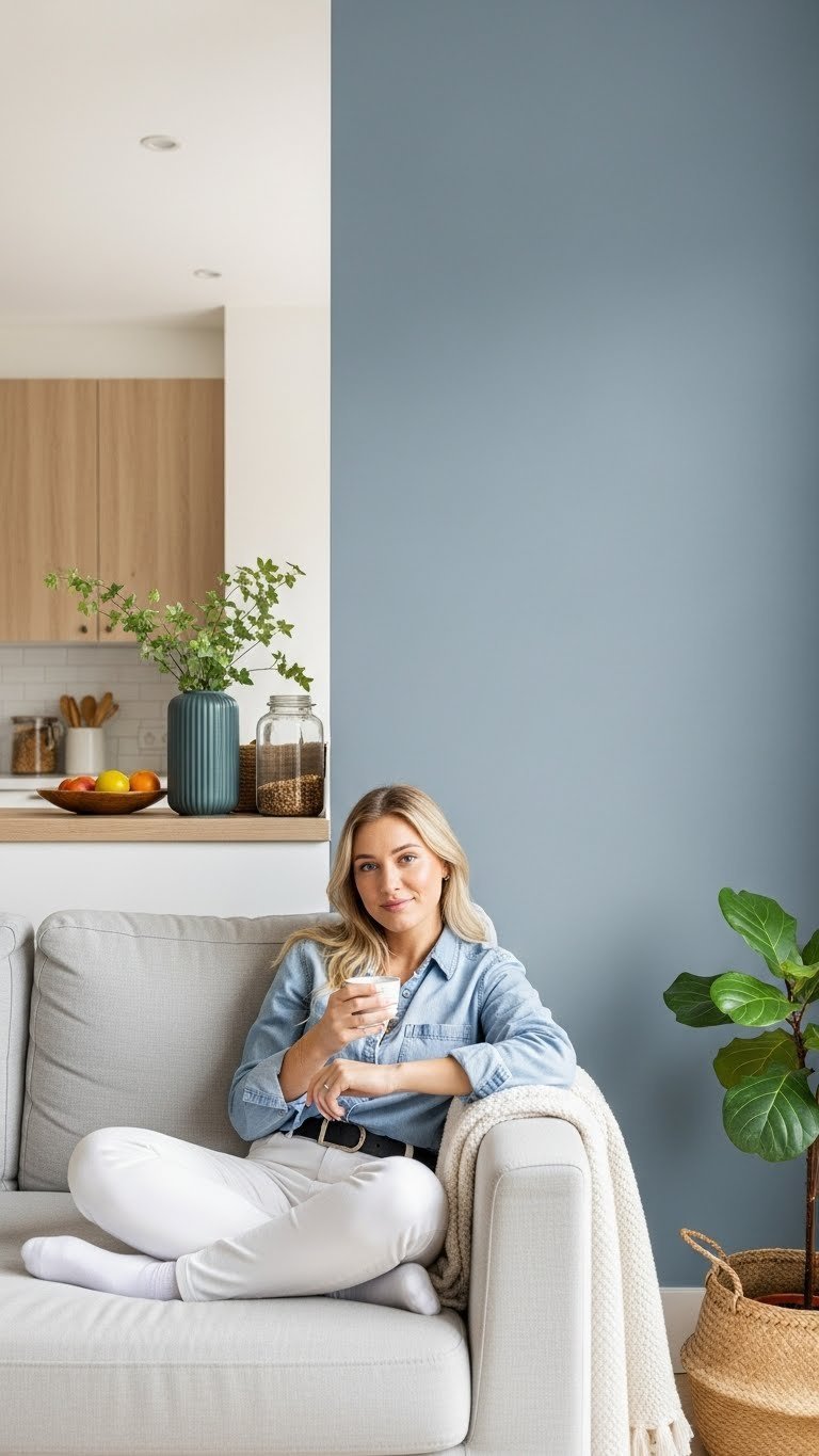 Open concept living room with soft blue-gray paint, subtle transition from kitchen, linen sofa, and light wood cabinets.