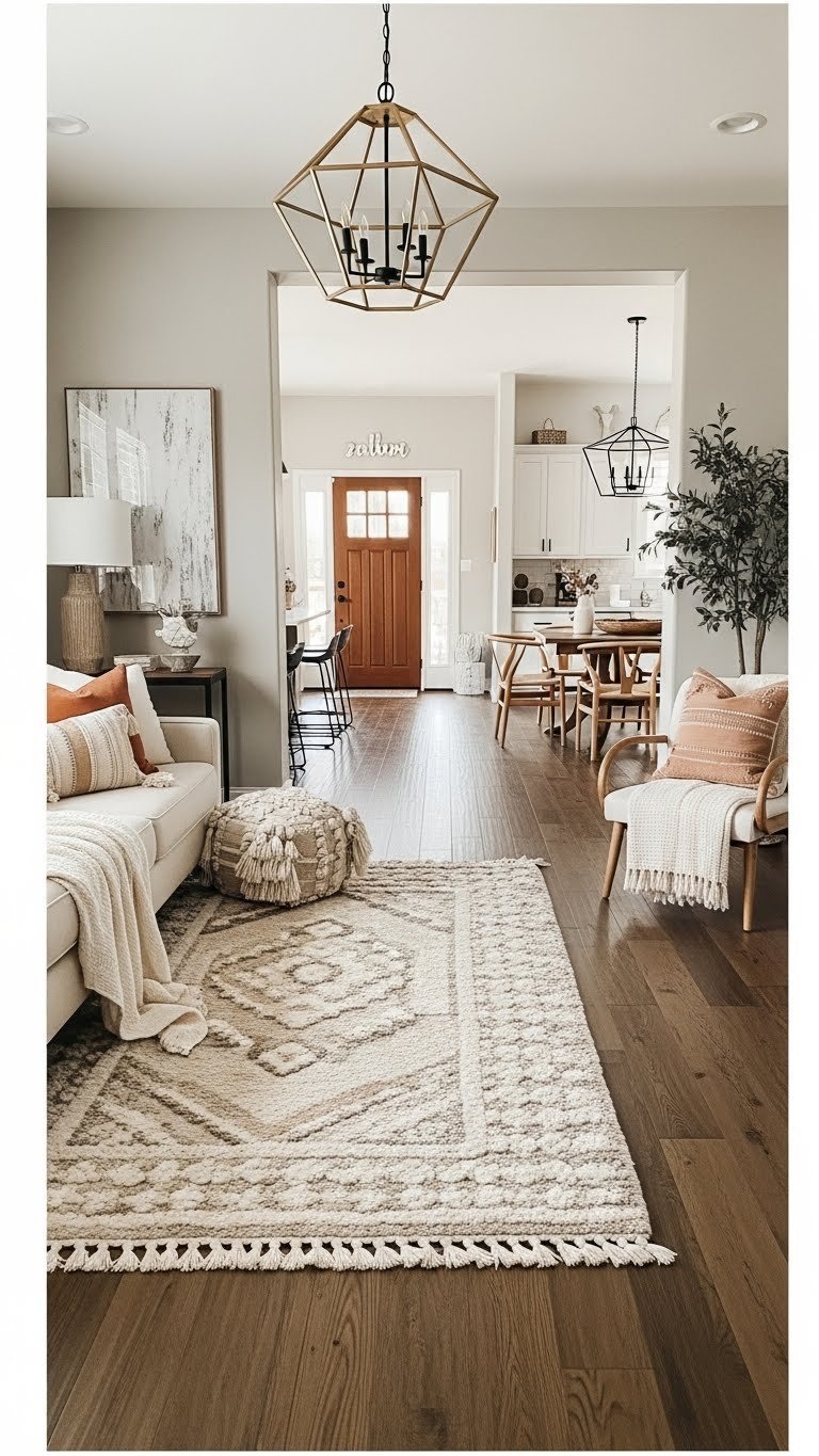 Open concept living zones defined by area rug and geometric chandelier. Hardwood floor. Warm creams, golden browns, terracotta.