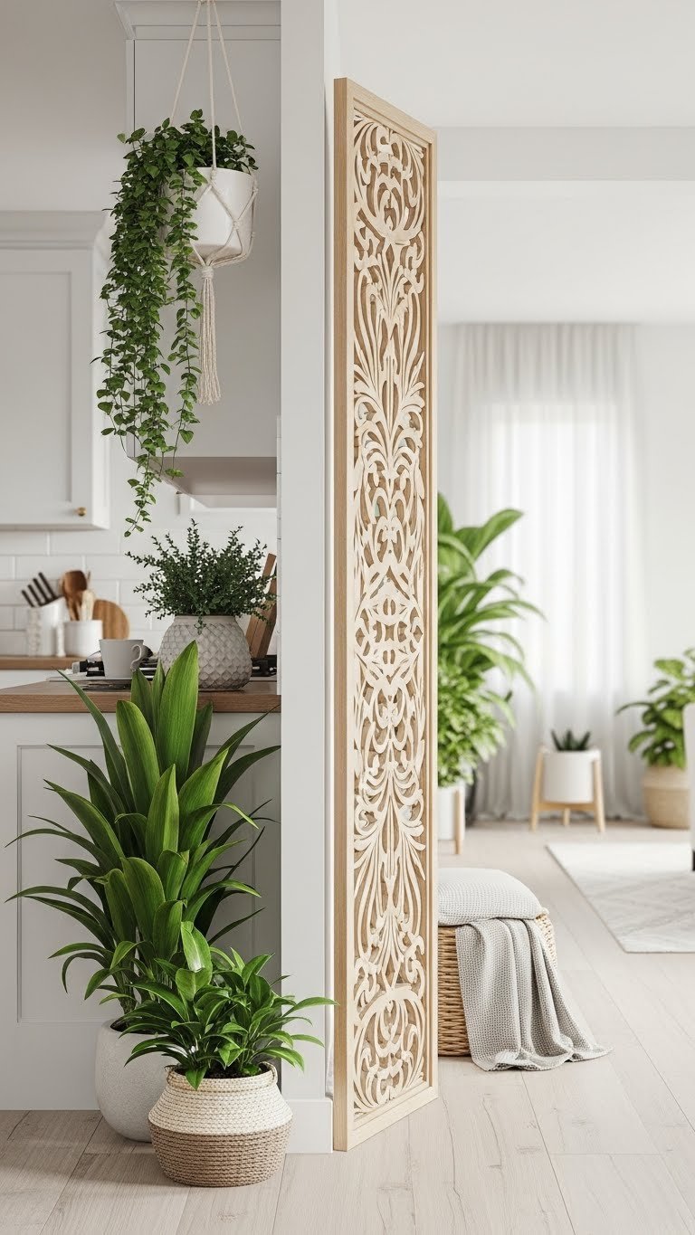 Open concept noise control: decorative wooden screen, tall indoor plants creating a subtle vertical barrier between rooms.