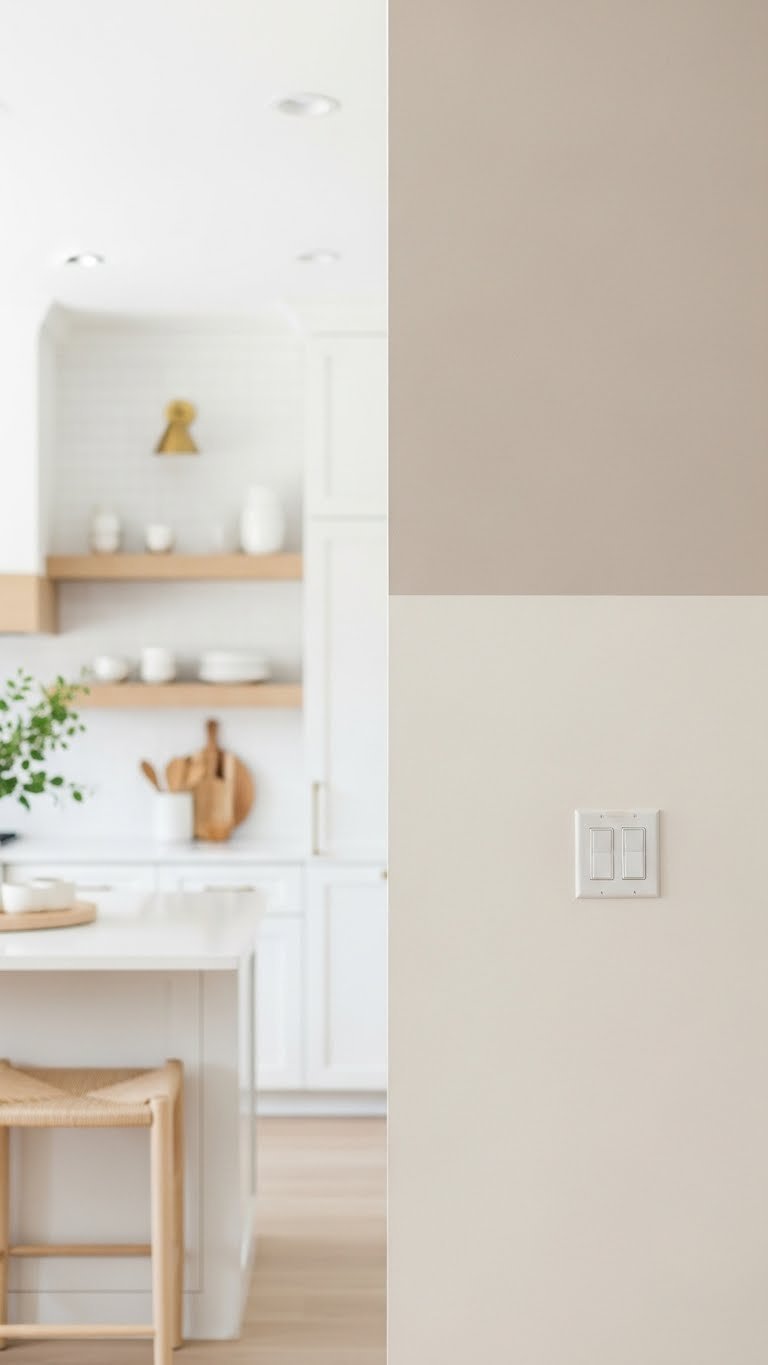 Open Kitchen Living Room Paint: 11 Ideas For Cohesion 9 Open concept, subtle neutral paint transition. Warm white kitchen wall meets cream living room, natural wood shelves, white ceramics.