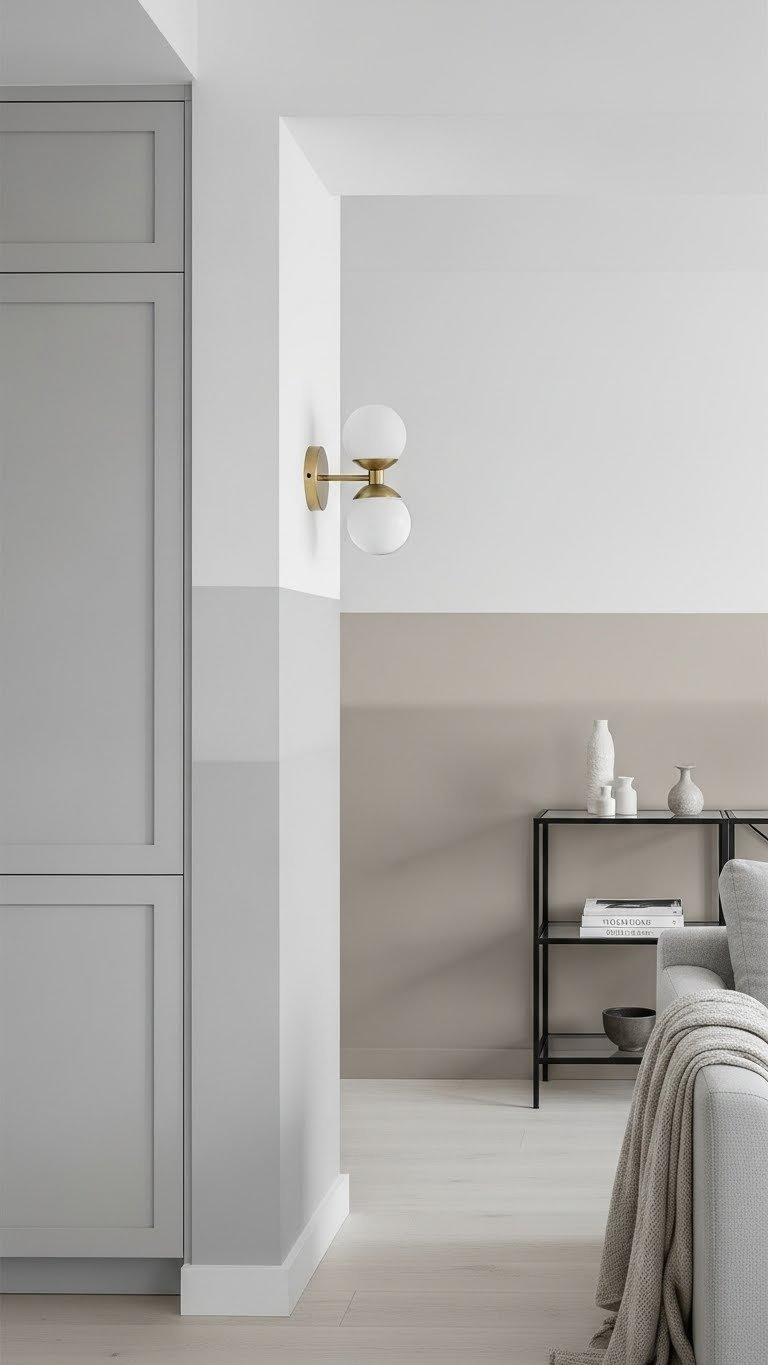 Open Kitchen Living Room Paint: 11 Ideas For Cohesion 19 Open concept with subtle horizontal color gradient. Light gray wall transitions to taupe, modern shelving, textural fabrics, sophisticated.