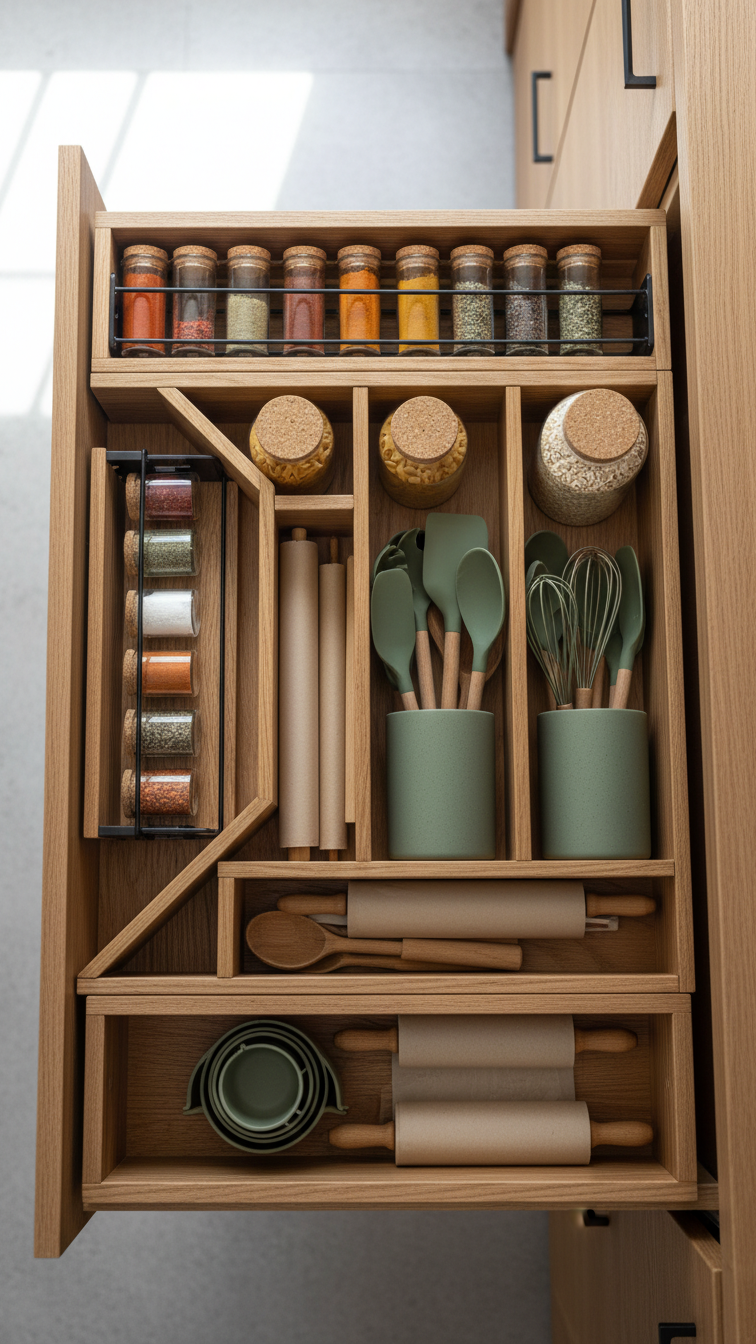 Open deep kitchen drawer revealing smart storage solutions: adjustable dividers, spice racks, and pull-out baking station for organization.
