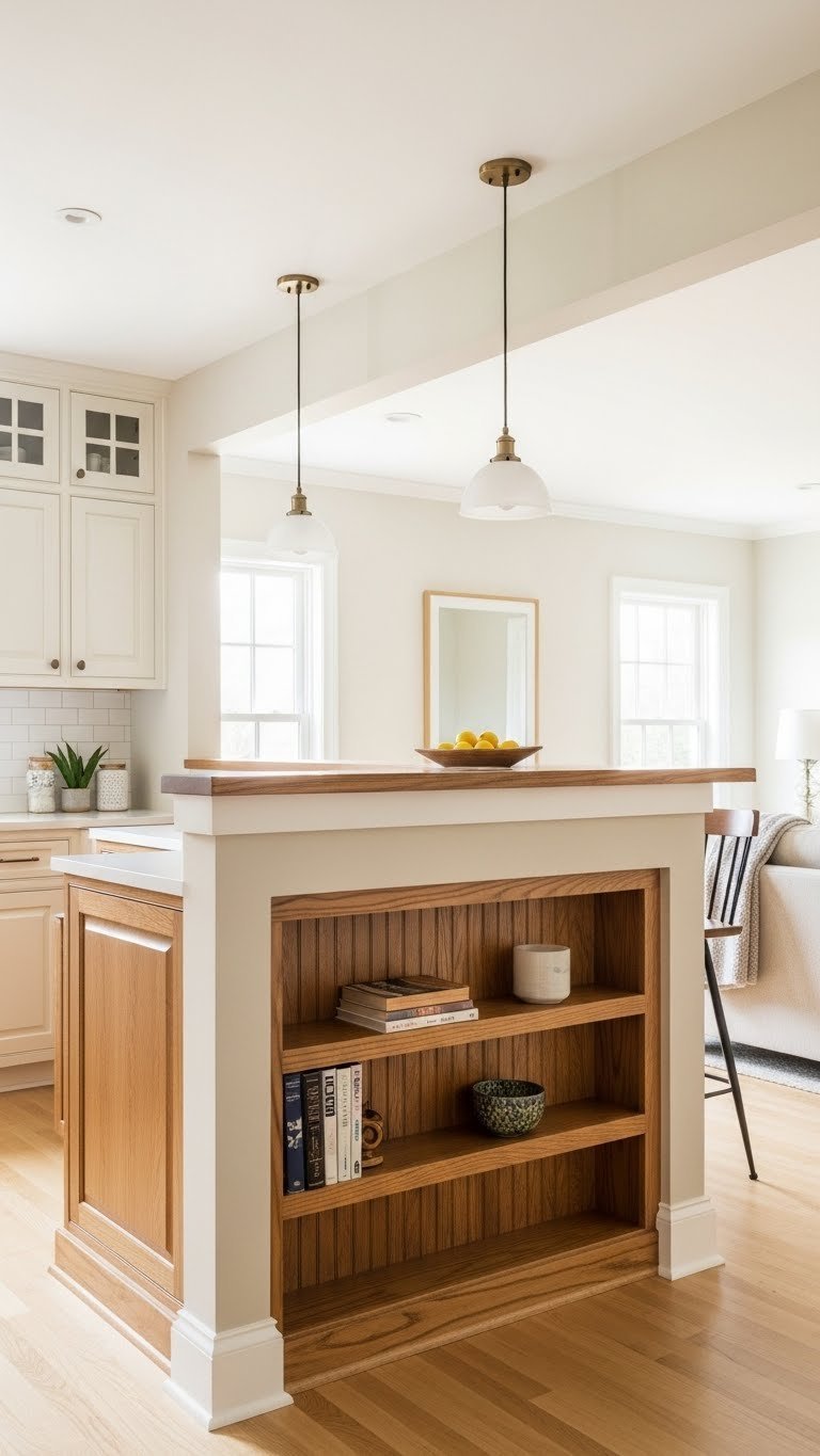 Open floor plan kitchen/living with low pony wall, built-in cabinetry, integrated shelving. Warm creams, golden browns, natural woods decor.