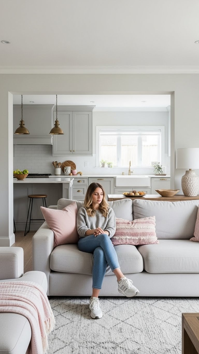 Open kitchen and living room defined by large sectional sofa and console table. Neutral grays, soft pinks, natural woods interior design.