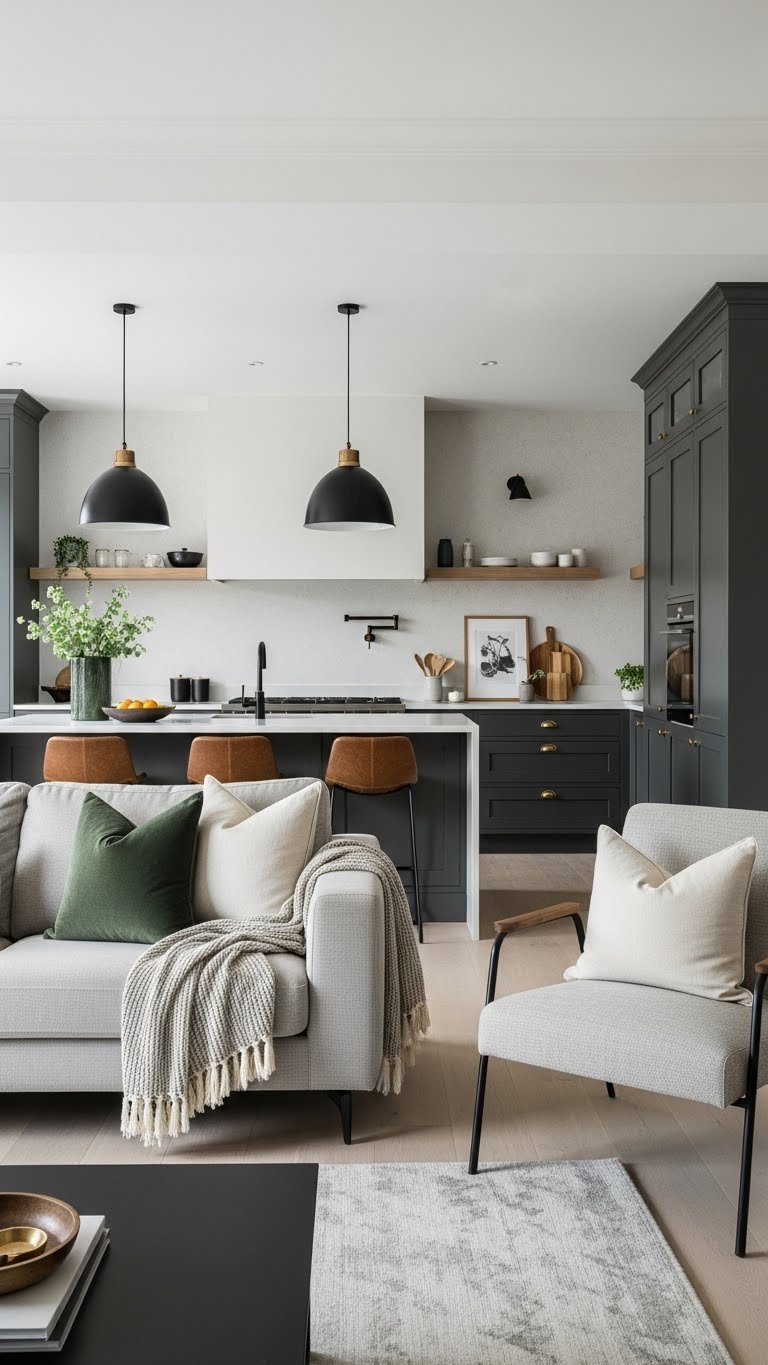 Open kitchen and living room showcasing a unified forest green color scheme with warm creams, linking both spaces elegantly. Light wood floor.