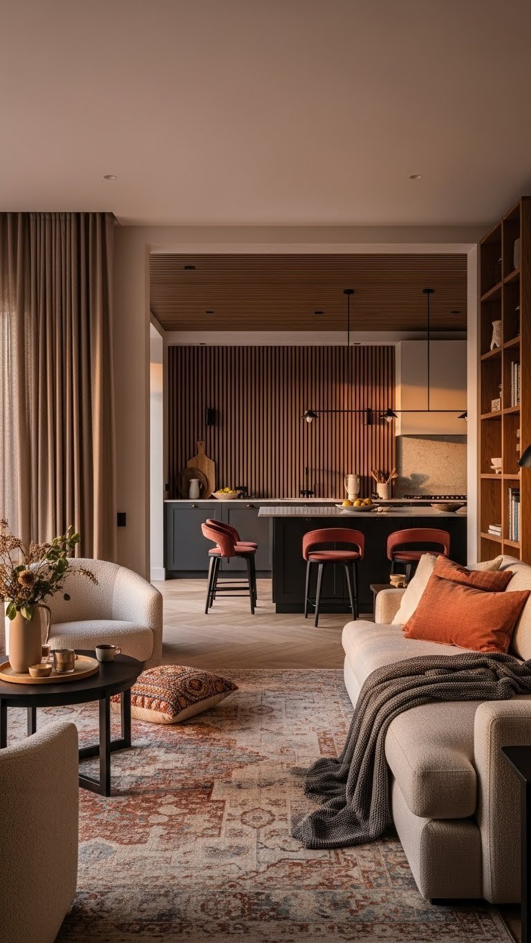 Open kitchen and living room with acoustic treatments: large rug, upholstered furniture, wooden slat wall, deep terracottas.