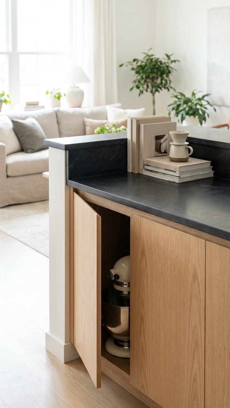 Open kitchen half wall with shallow custom cabinet, handleless light wood doors, dark countertop. Hides kitchen mess, minimalist design, bright.