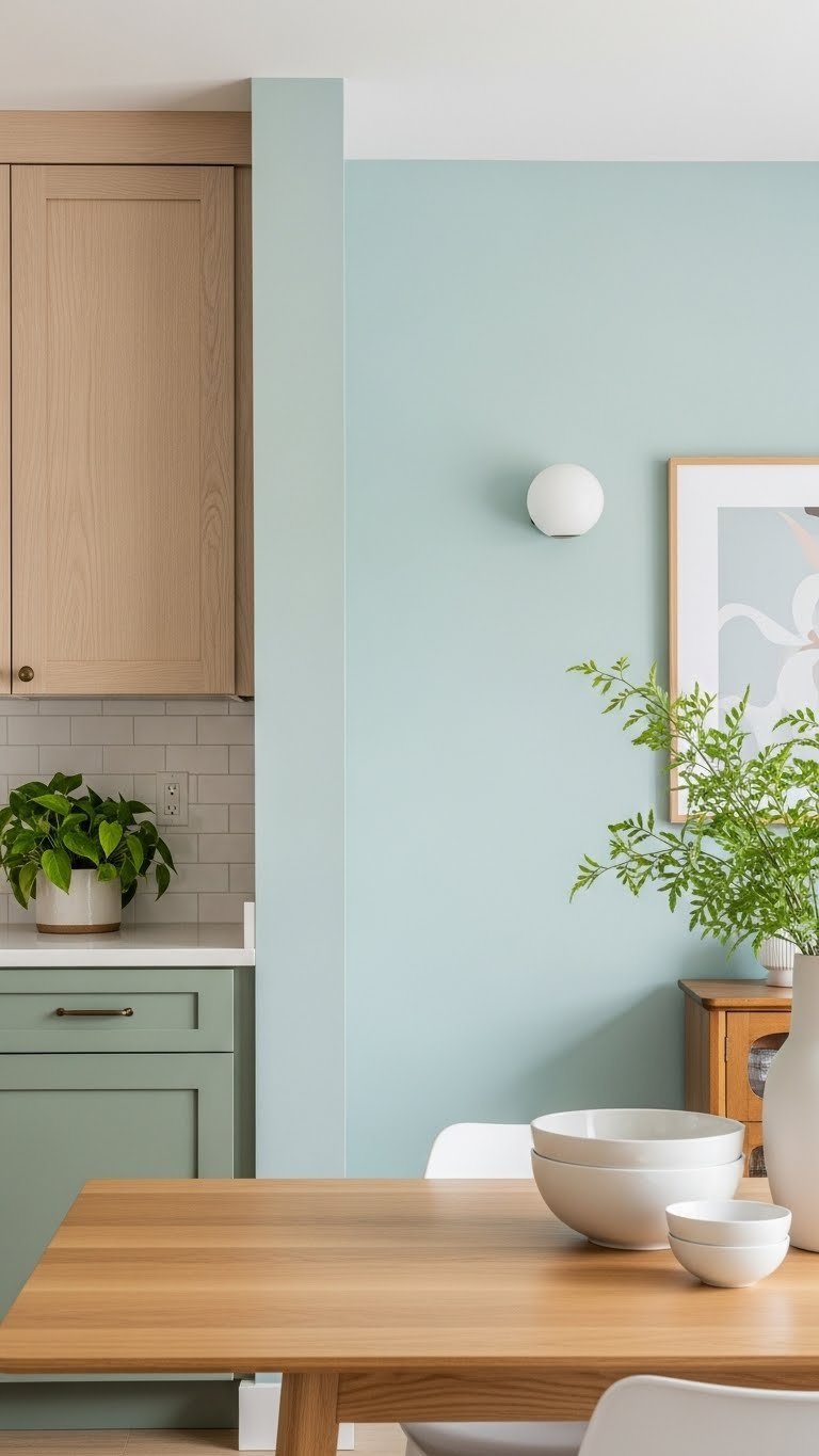 Open Kitchen Living Room Paint: 11 Ideas For Cohesion 3 Open kitchen living room, analogous colors. Sage green wall meets blue-green, light wood cabinets, potted plants, seamless design.