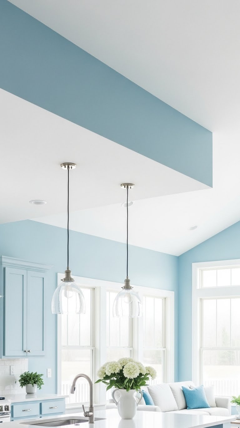 Open Kitchen Living Room Paint: 11 Ideas For Cohesion 11 Open kitchen living room, light blue wall color extends onto ceiling. Unified, cozy integrated space with pendant lights, minimalist furniture.