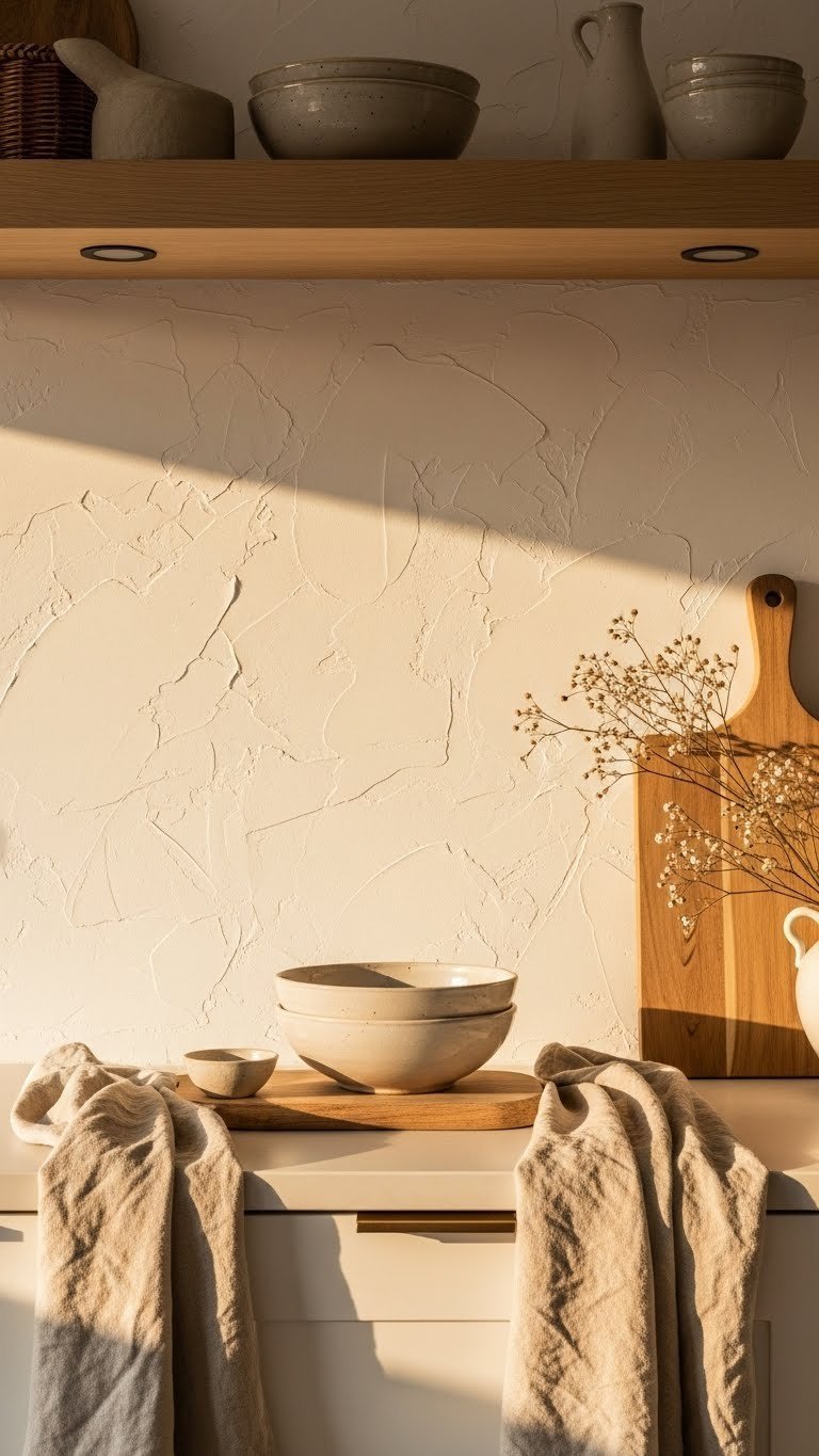 Open Kitchen Living Room Paint: 11 Ideas For Cohesion 21 Open kitchen living room, subtle limewash textured walls. Light natural shade, organic velvety texture, linen textiles, natural wood accents.