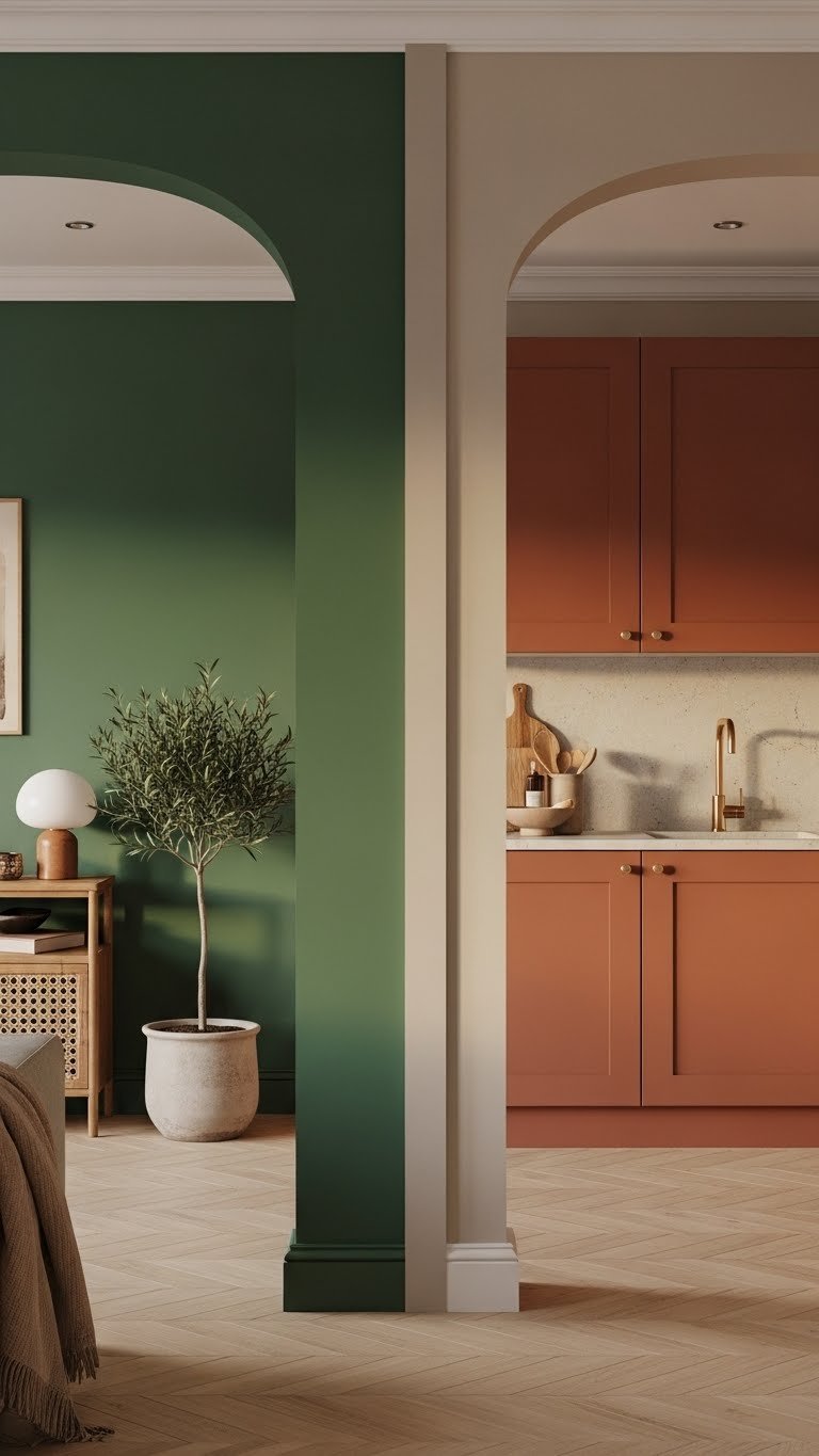 Open Kitchen Living Room Paint: 11 Ideas For Cohesion 13 Open kitchen living room with a neutral greige bridge. Bold emerald living room, warm terracotta kitchen, natural textiles, olive trees.