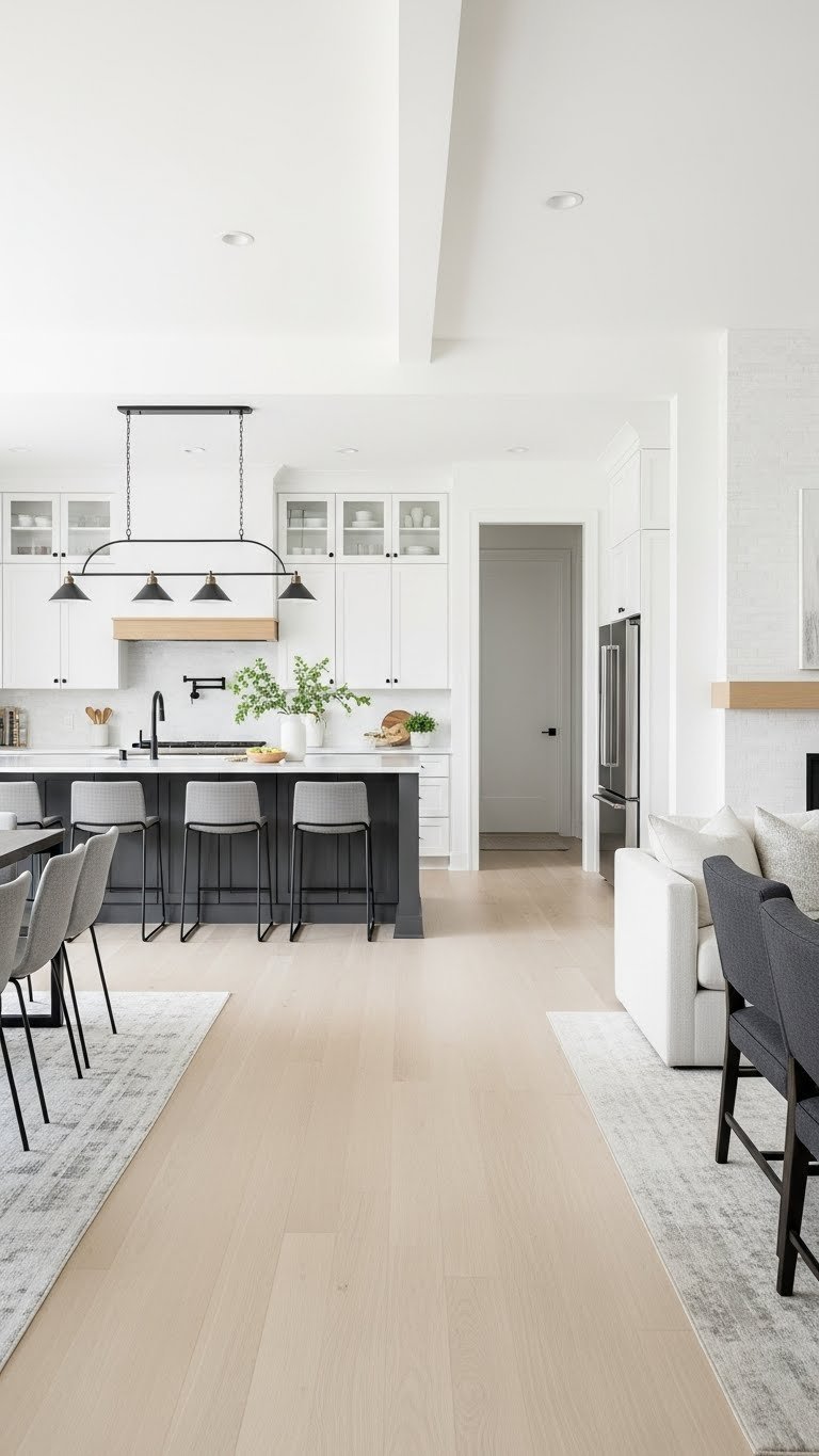 Open kitchen & living room with large rectangular island, clear 42-inch traffic paths. Light oak, white & gray modern interior design.