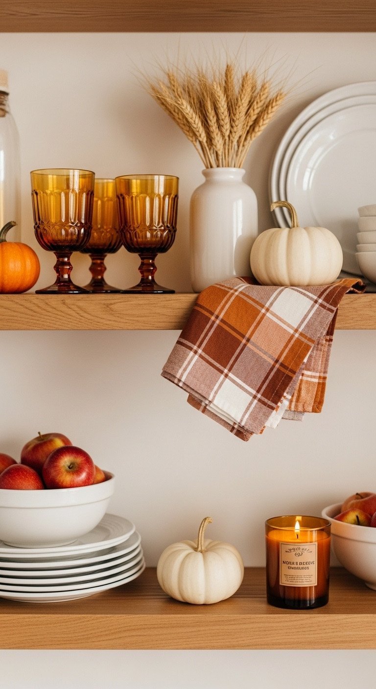 Open kitchen shelves styled for autumn with a small white pumpkin, amber glasses, dried wheat, and a plaid napkin.