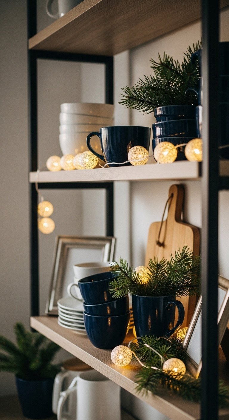7 Elegant Navy Blue Christmas Kitchen Decor Secrets 11 Open kitchen shelves with navy ceramic mugs, white dishware, and pine sprigs, illuminated by warm white LED string lights.