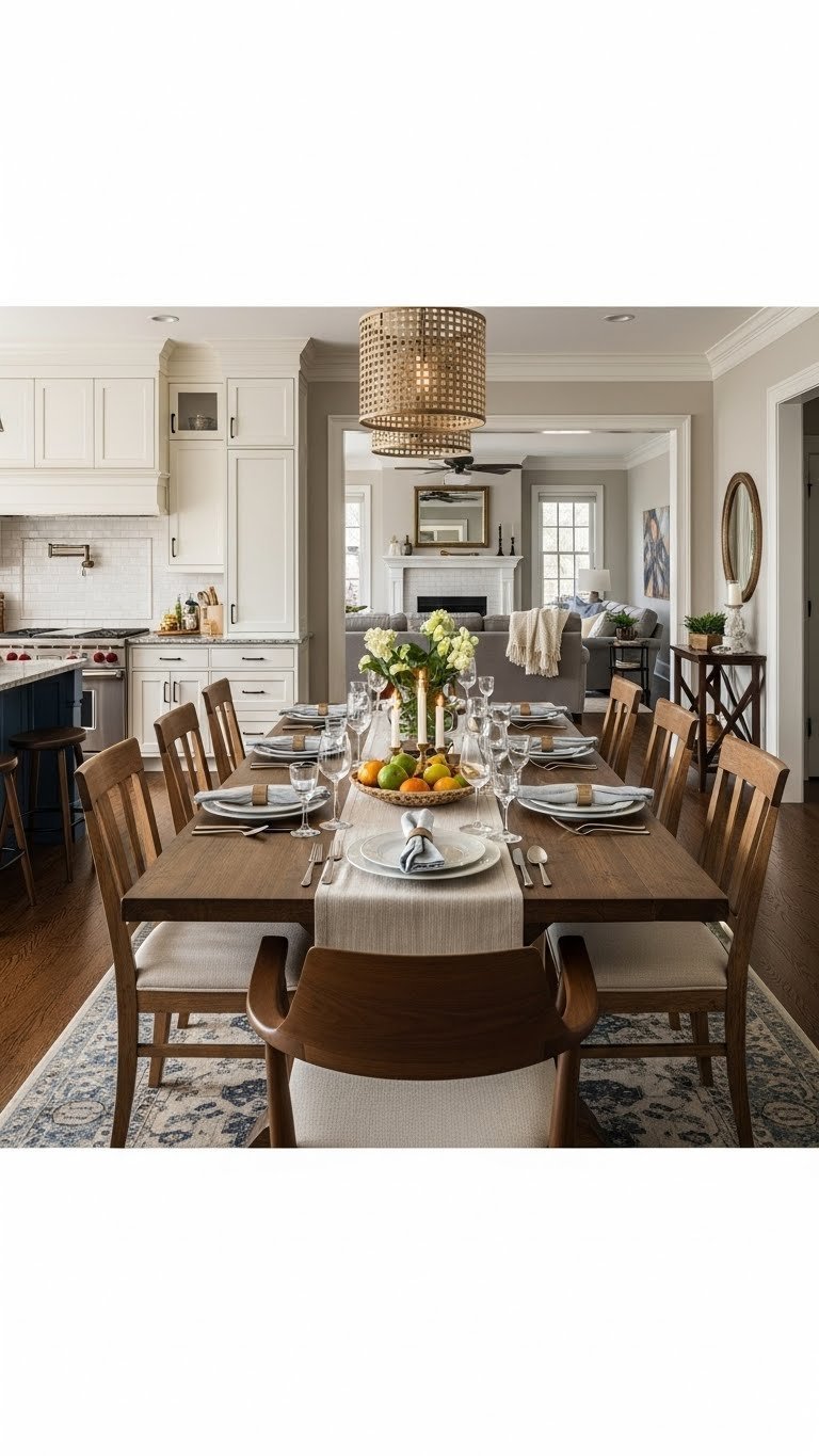 Open kitchen with elegant rustic wood dining table separating it from living room. Place settings, warm creams, golden browns, deep blues.