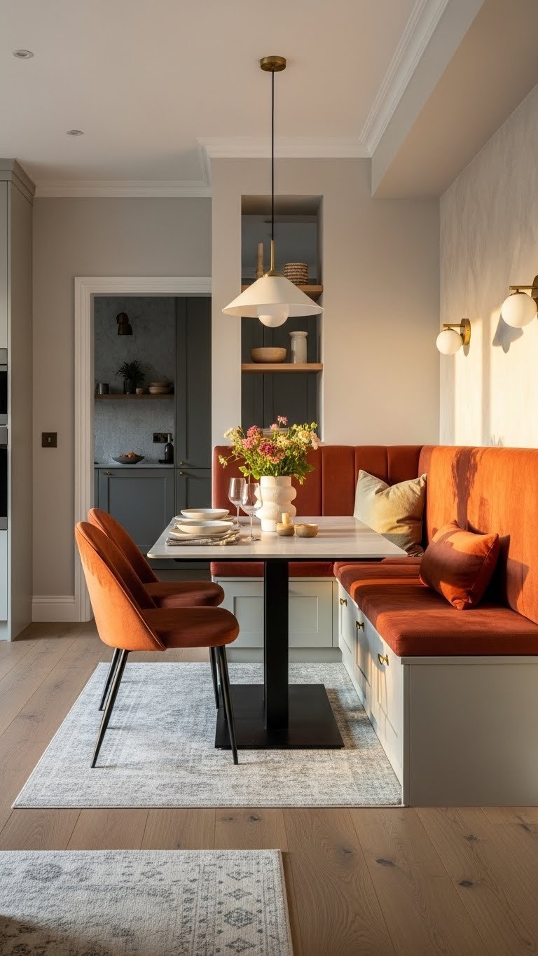 Open kitchen/living with custom built-in upholstered banquette, stylish dining table. Earthy terracotta, sage green, warm creams palette.
