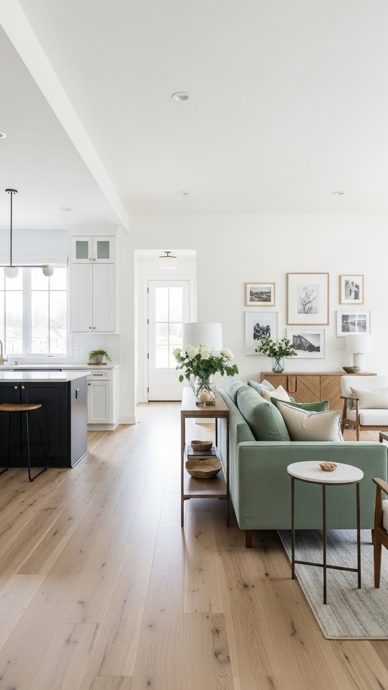 Open living room kitchen. Furniture layout guides traffic flow. Floating sofa, console table. Fresh greens, natural wood, clean whites. Vibrant.