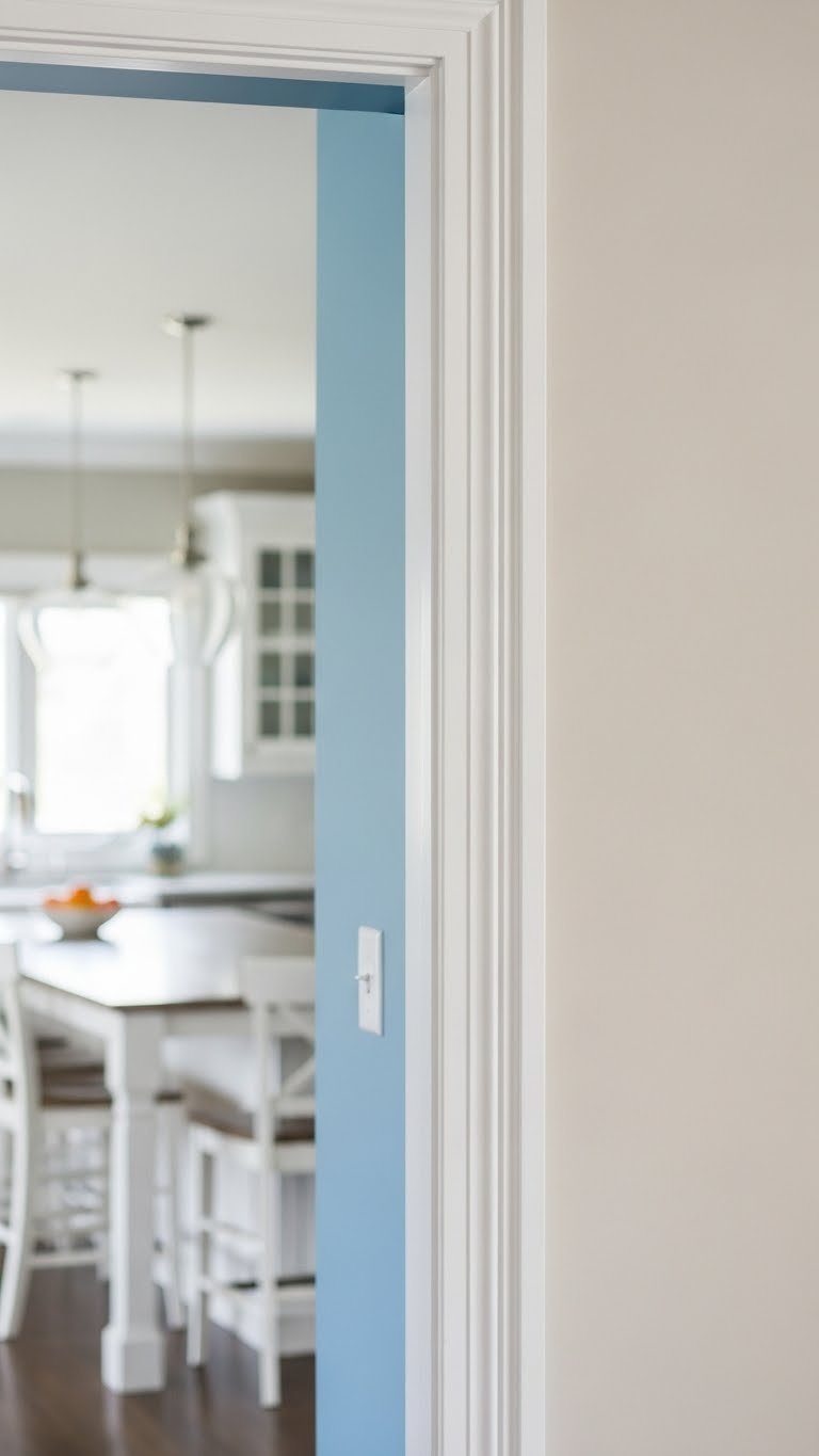 Open Kitchen Living Room Paint: 11 Ideas For Cohesion 15 Open plan kitchen living room, crisp white trim against blue & beige walls. Door frame shows design continuity with elegant interior.