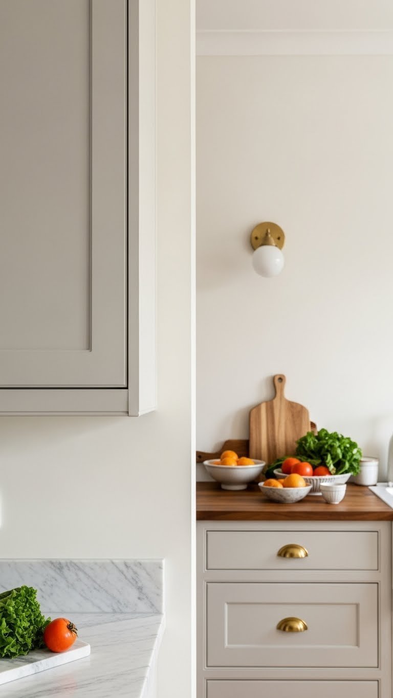 Open Kitchen Living Room Paint: 11 Ideas For Cohesion 7 Open plan kitchen living room, off-white walls coordinate with light gray cabinets. Subtle undertones, brass hardware, cozy feel.