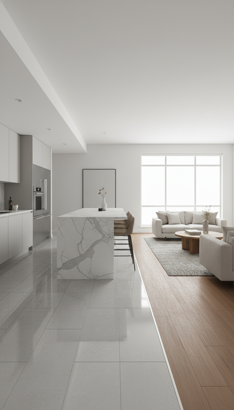 Open-plan kitchen with large light gray tiles transitioning to hardwood, creating effective zoning and visual flow to the living space.