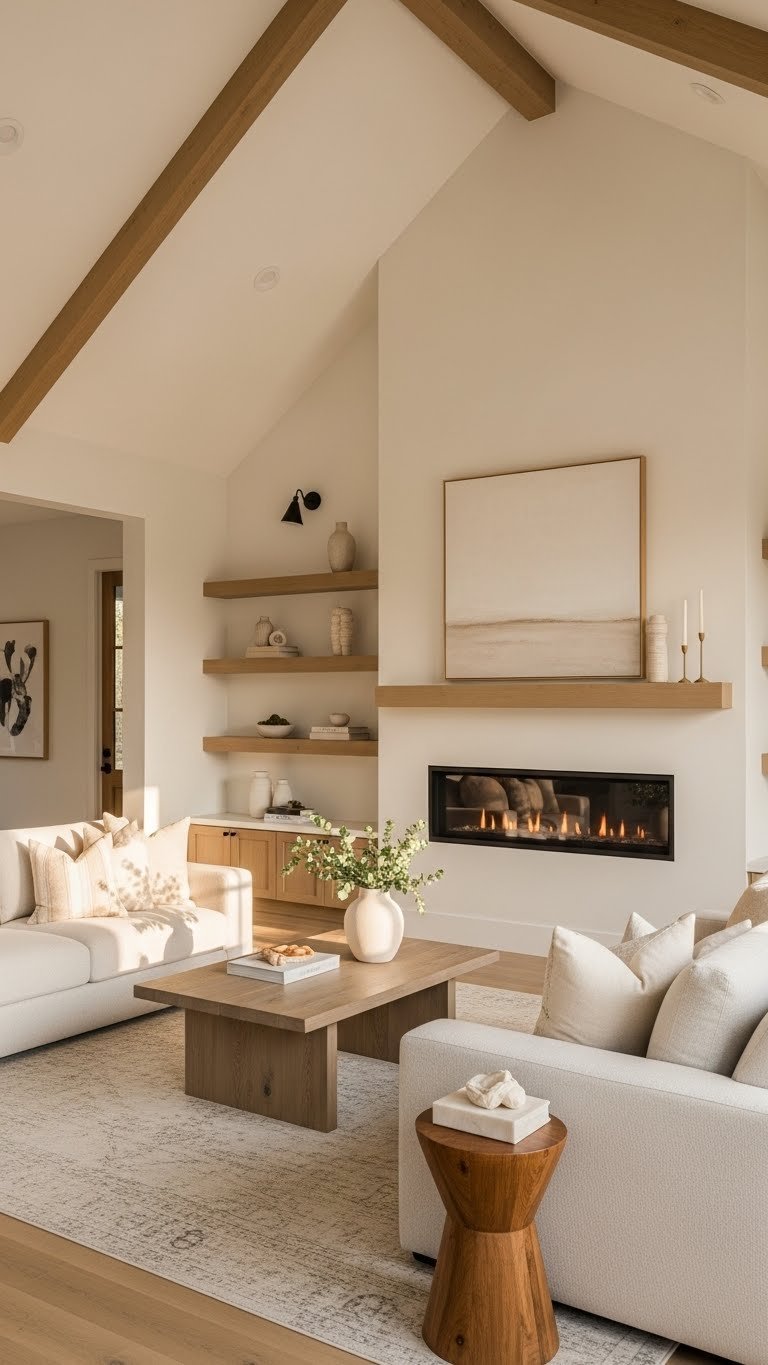Open plan living room with modular sofa, linear gas fireplace, and open shelving contrasting a high vaulted ceiling, warm golden light.