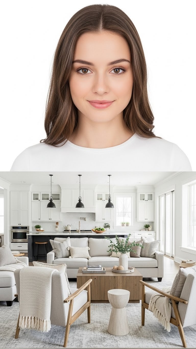 Optimal open concept living room furniture arrangement: neutral sectional sofa, accent chairs, coffee table on LVP flooring.