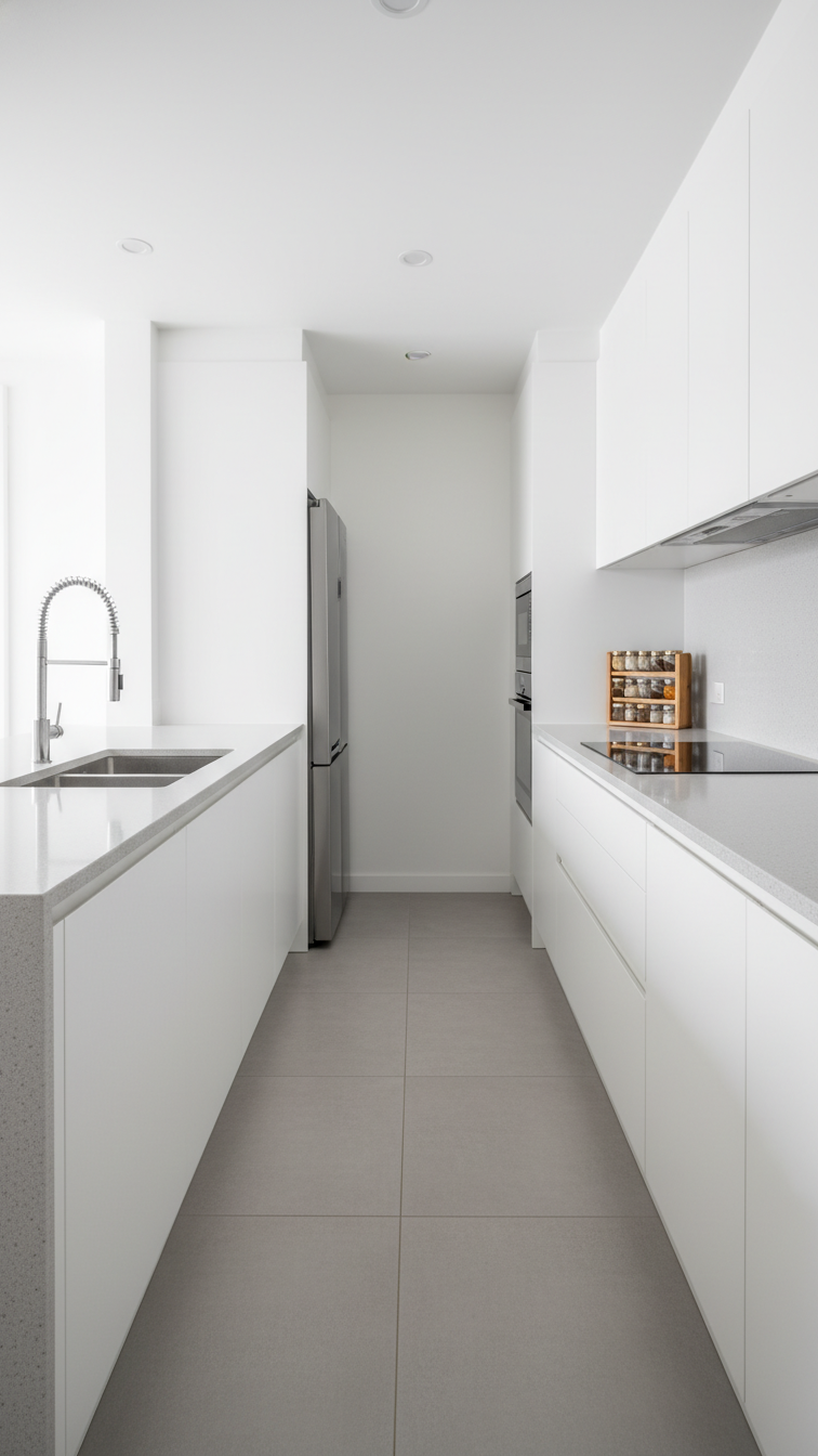 Optimized functional galley kitchen featuring parallel light gray countertops, handleless white cabinets, and efficient layout.
