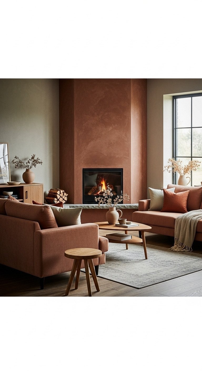 7 Smart Living Room Layouts To Solve Fireplace Tv Conflict 9 Optimized living room with corner fireplace, diagonal sofa, triangular table. Earthy terracotta and sage green decor.