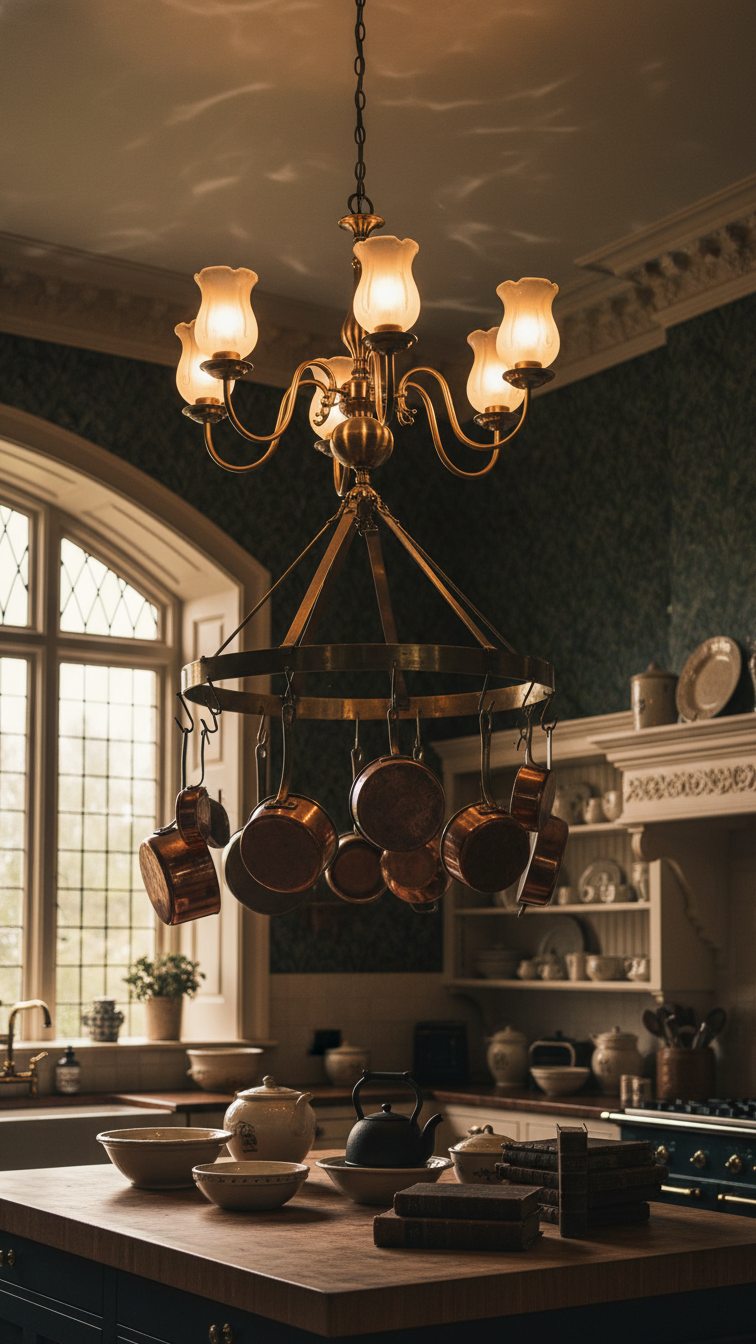 Opulent Victorian kitchen with a gothic aged brass chandelier casting shadows on dark patterned green wallpaper, antique decor.