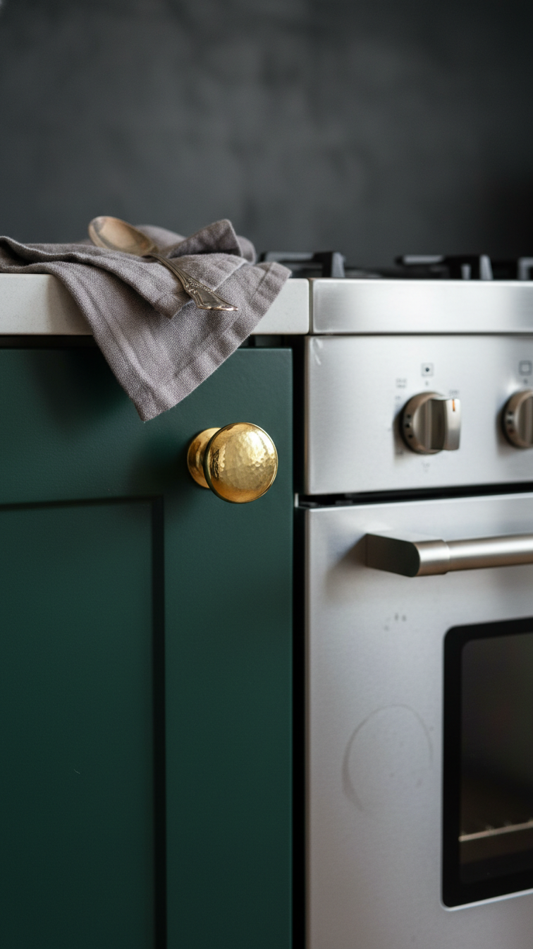 Opulent kitchen details: deep green cabinet with brass hardware paired with a sleek stainless steel appliance, linen cloth.