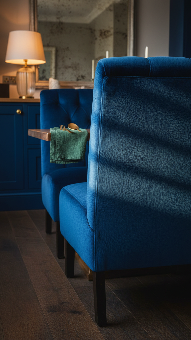 Opulent sapphire blue velvet dining chair in an intimate kitchen seating area, reflecting light under warm golden hour light.
