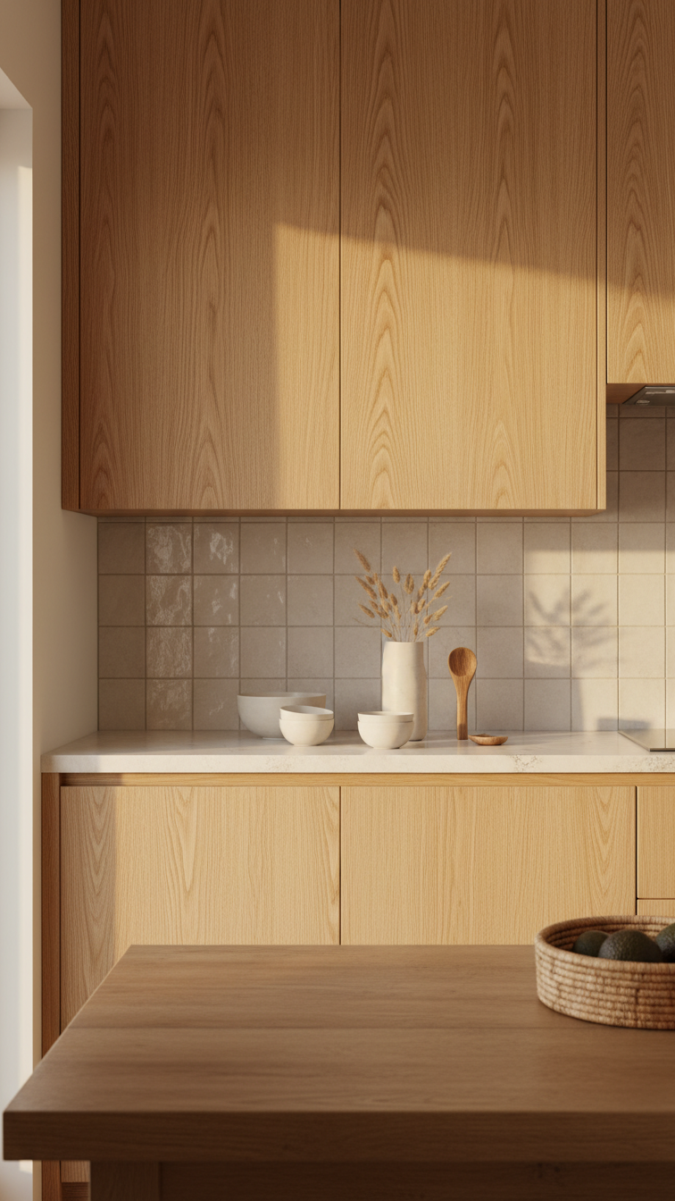 Organic Modern kitchen: rift-sawn white oak cabinets, light stone countertops, ceramic tile backsplash. Warm golden light, minimalist decor, natural basket.