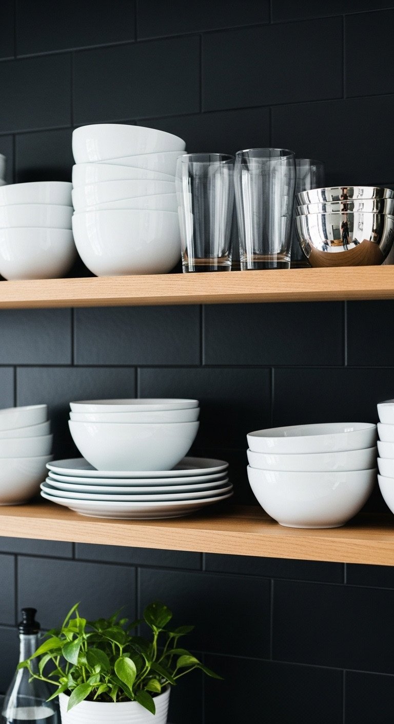 Organized black kitchen: open wooden shelf against a black wall displaying white ceramic dishes, clear glassware, and a silver bowl.