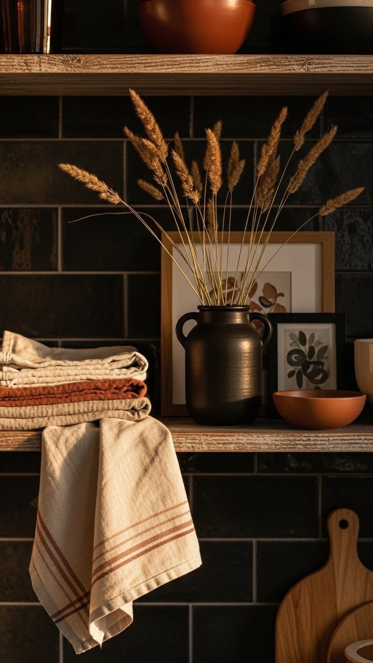 Organized dark kitchen shelf with linen dish towels, ceramic vase with dried grasses, and art, creating a cozy atmosphere.