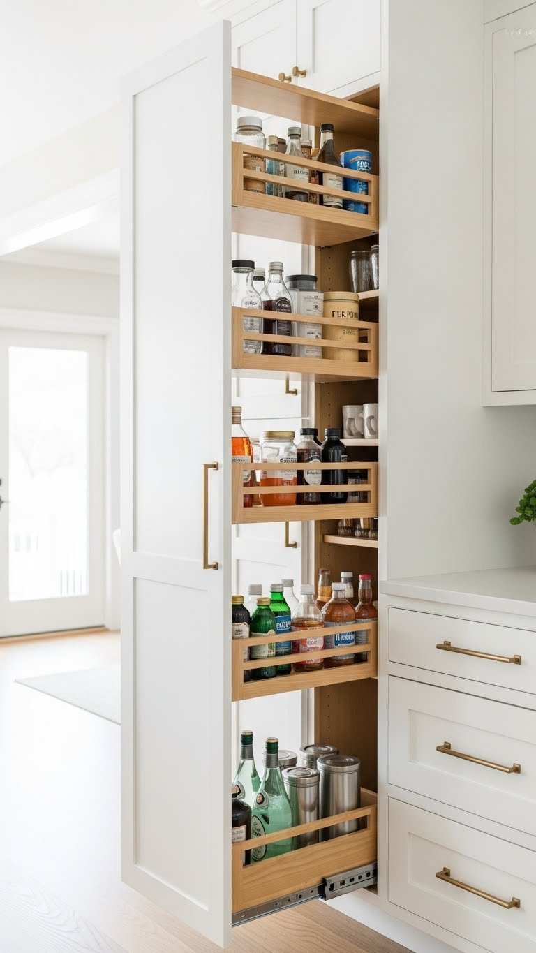 Organized farmhouse kitchen with white shaker cabinetry, pull-out pantry, brushed brass hardware, and elegant vertical storage.