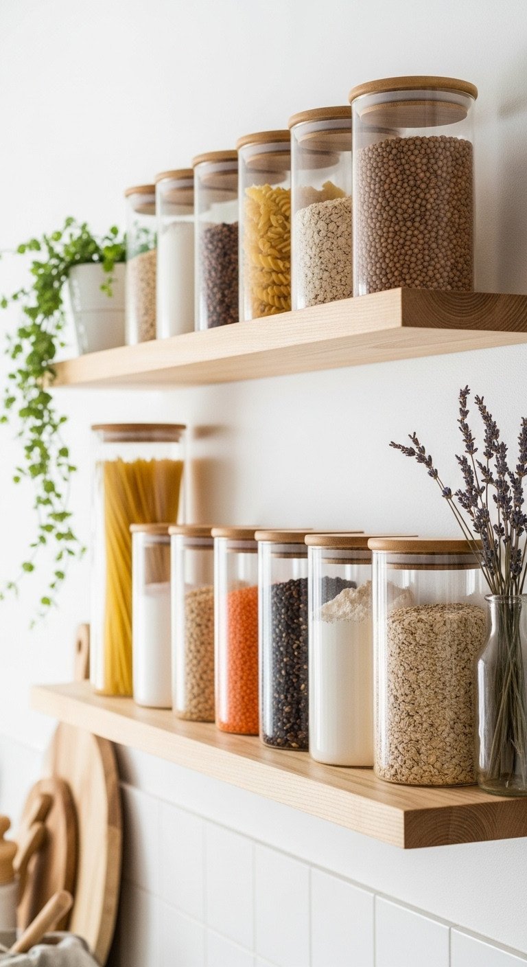 11 Genius Small Kitchen Decor Ideas To Maximize Your Space 16 Organized glass pantry jars with acacia wood lids filled with staples like pasta on a light wood kitchen floating shelf.