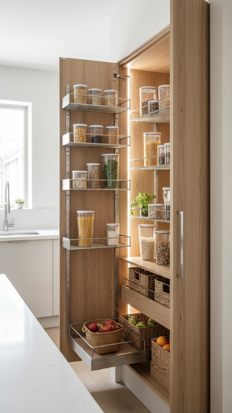 Modern Handleless Kitchen Design: 11 Ideas For Seamless Style 6 Organized handleless pantry unit in a modern kitchen, doors slightly open revealing pull-out shelving and clear storage. Efficient design.