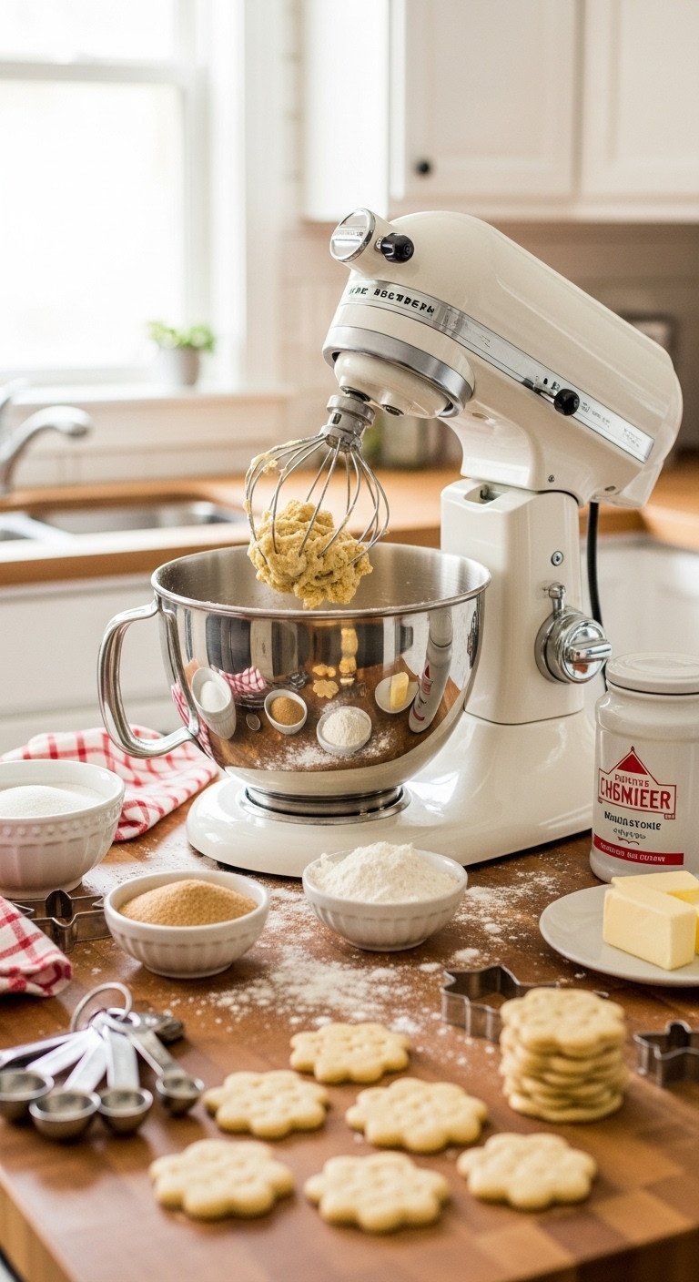 7 Genius Christmas Kitchen Restock Ideas For Cozy Hosts 11 Organized holiday baking station with stand mixer, cookie dough, baking ingredients, and festive cutters on butcher block.