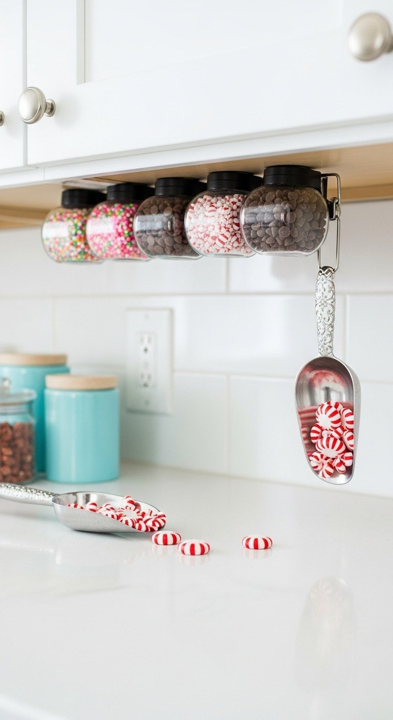 Organized hot cocoa bar in a modern kitchen with magnetic spice jars holding colorful sprinkles and peppermints under cabinets.
