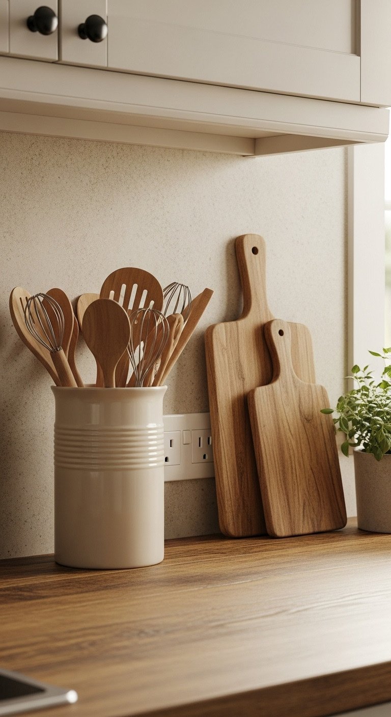11 Genius Ways To Hide Kitchen Outlets With Flawless Decor 3 Organized kitchen countertop with hidden wall outlet behind ceramic utensil crock and wooden cutting board, rustic decor.