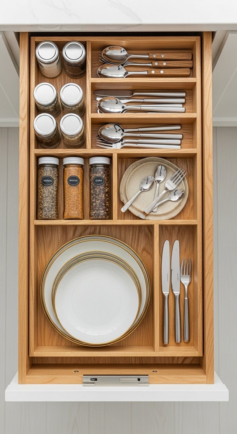 Organized kitchen drawer: custom wood dividers for plates, spices, cutlery. Natural woods, creams. Clean kitchen storage.