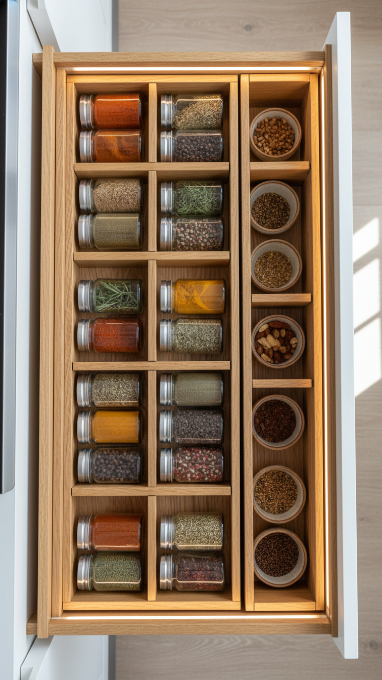 Organized kitchen drawer with custom wooden spice racks, efficient hidden storage, pull-out pantry system, functional modern kitchen design.
