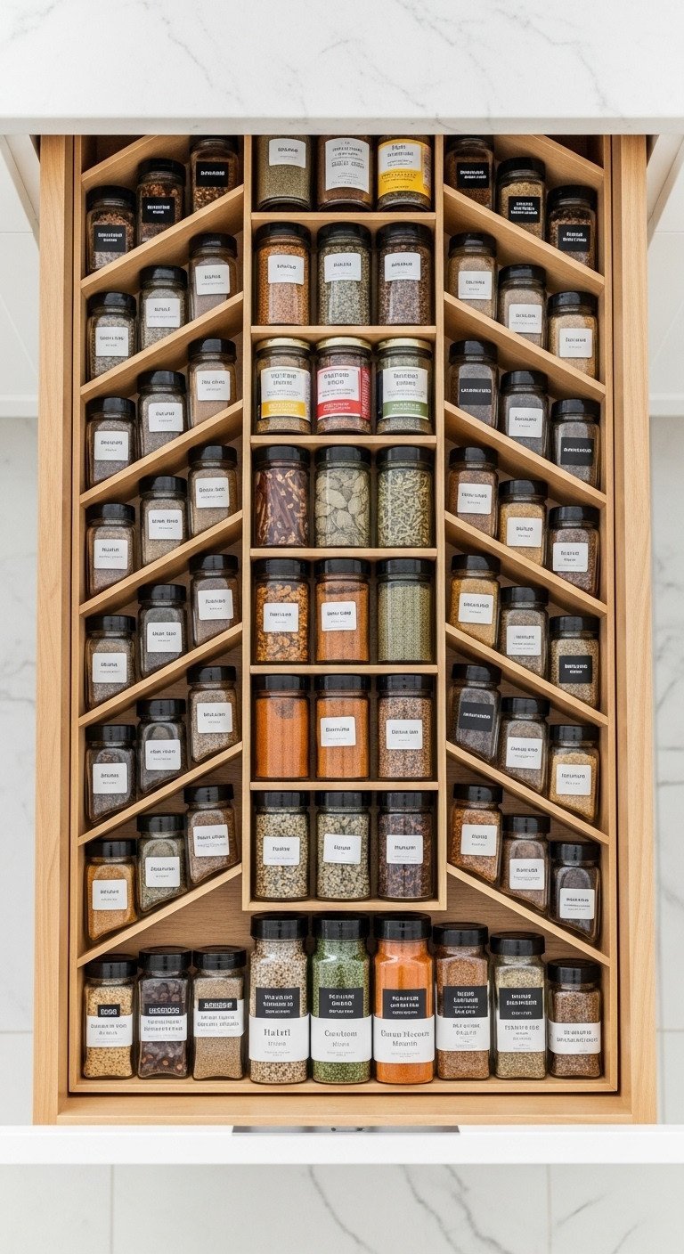 Organized kitchen drawer with tiered spice rack inserts holding rows of glass jars filled with Indian spices for efficient storage.