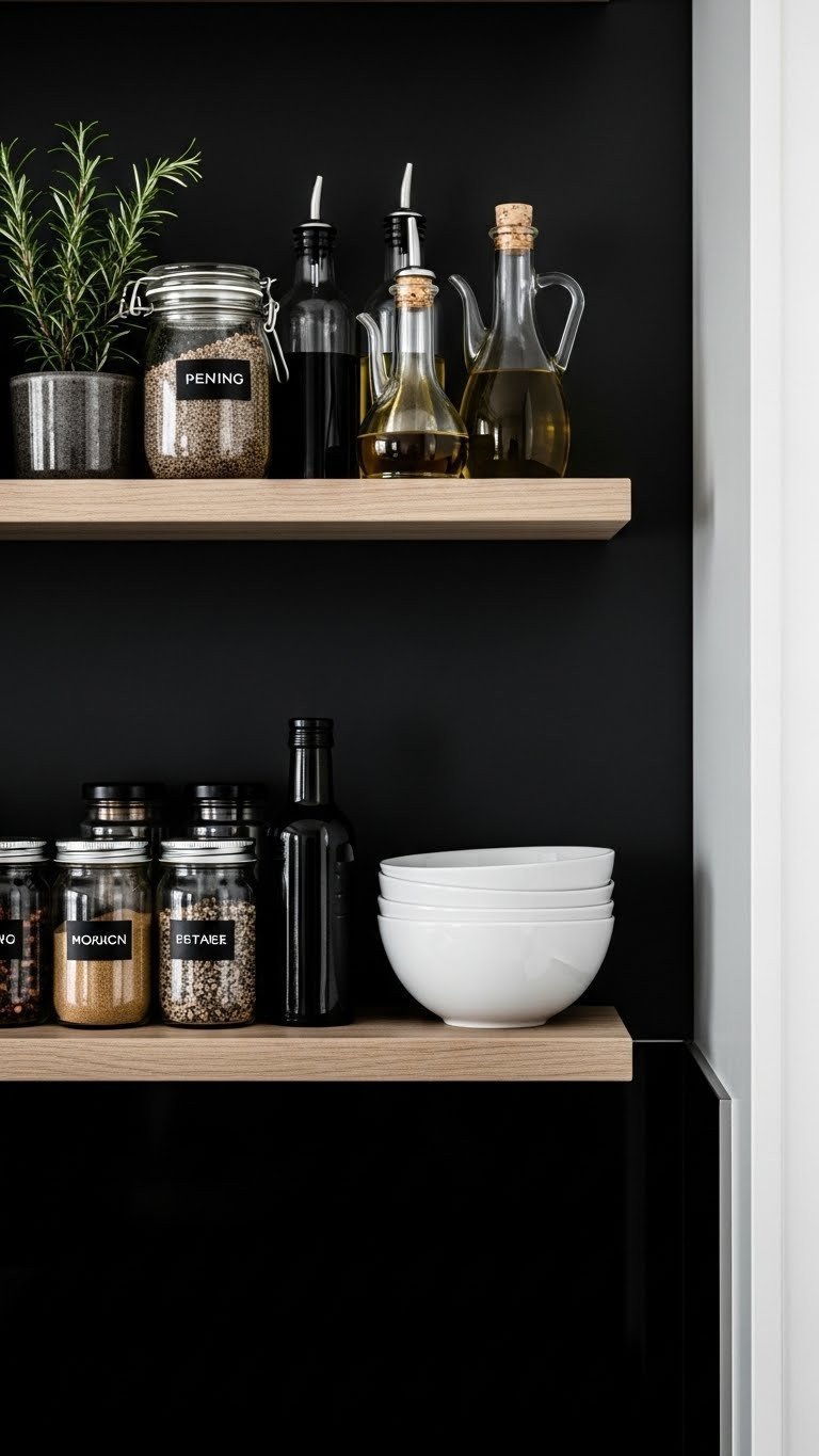 Moody Kitchen Open Shelving: 9 Genius Styling Ideas 9 Organized kitchen open shelf with spice jars, oil cruets, white bowls on a dark shelf against a matte black wall. Minimalist design.
