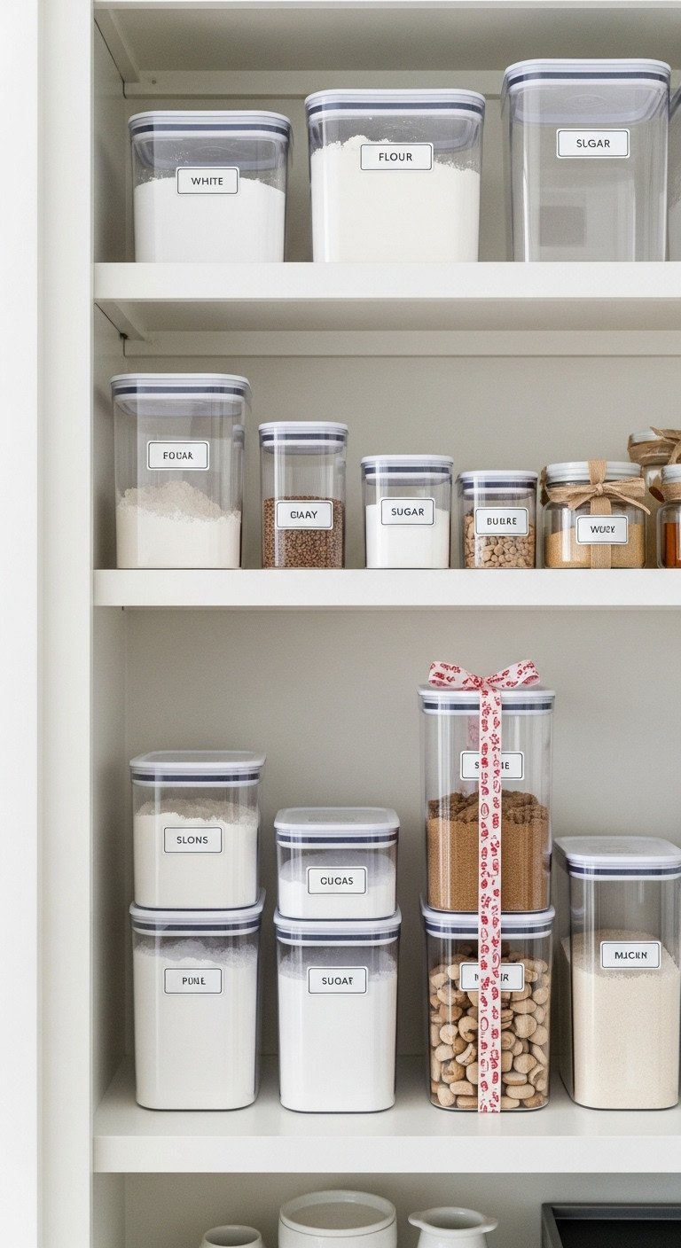 7 Genius Christmas Kitchen Restock Ideas For Cozy Hosts 1 Organized kitchen pantry shelf with clear modular containers of flour, sugar, and baking staples. Clean, modern food storage.