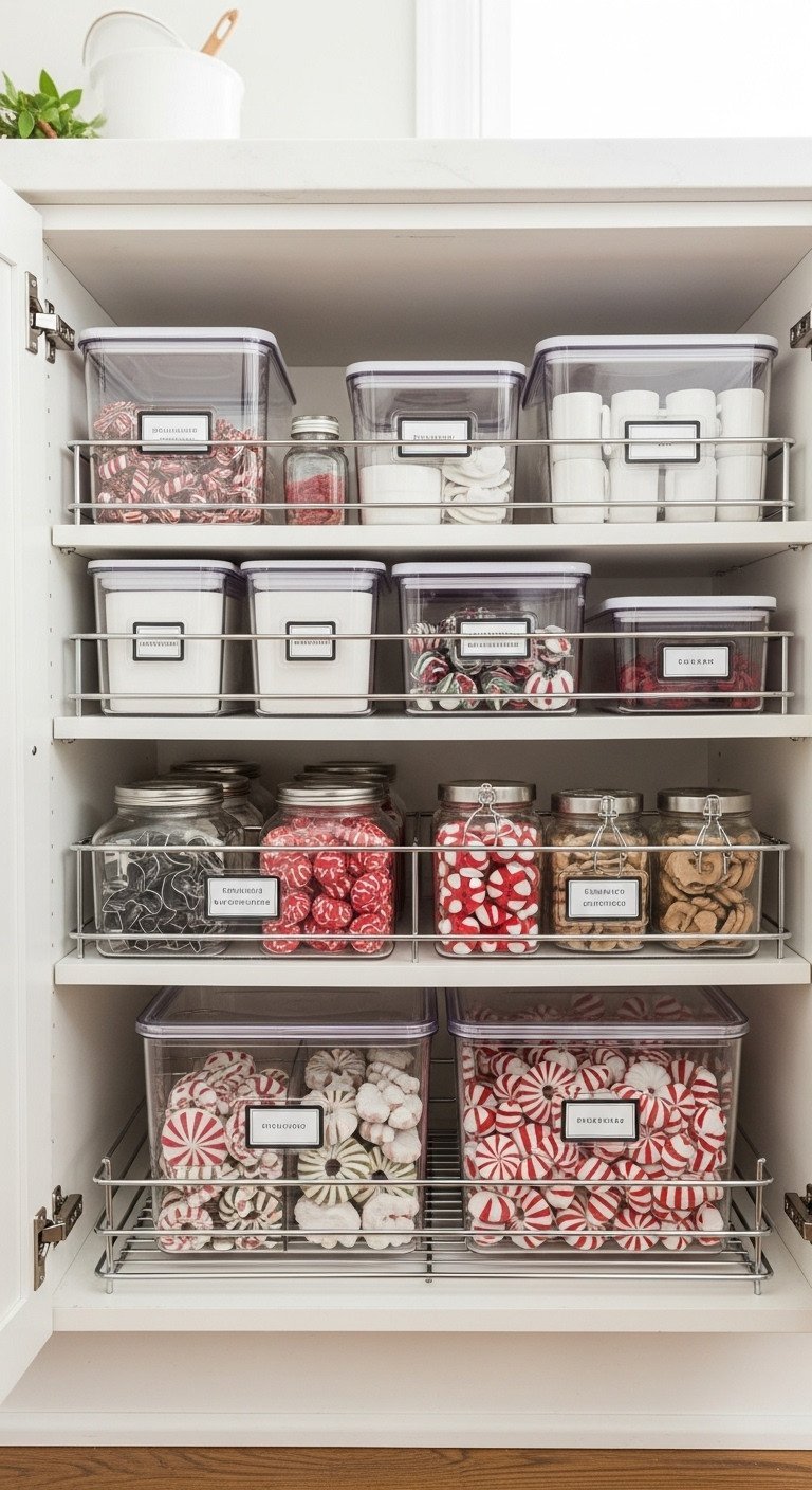 Organized kitchen pantry with pull-out wire shelves, clear bins for holiday baking, and peppermint-themed items.
