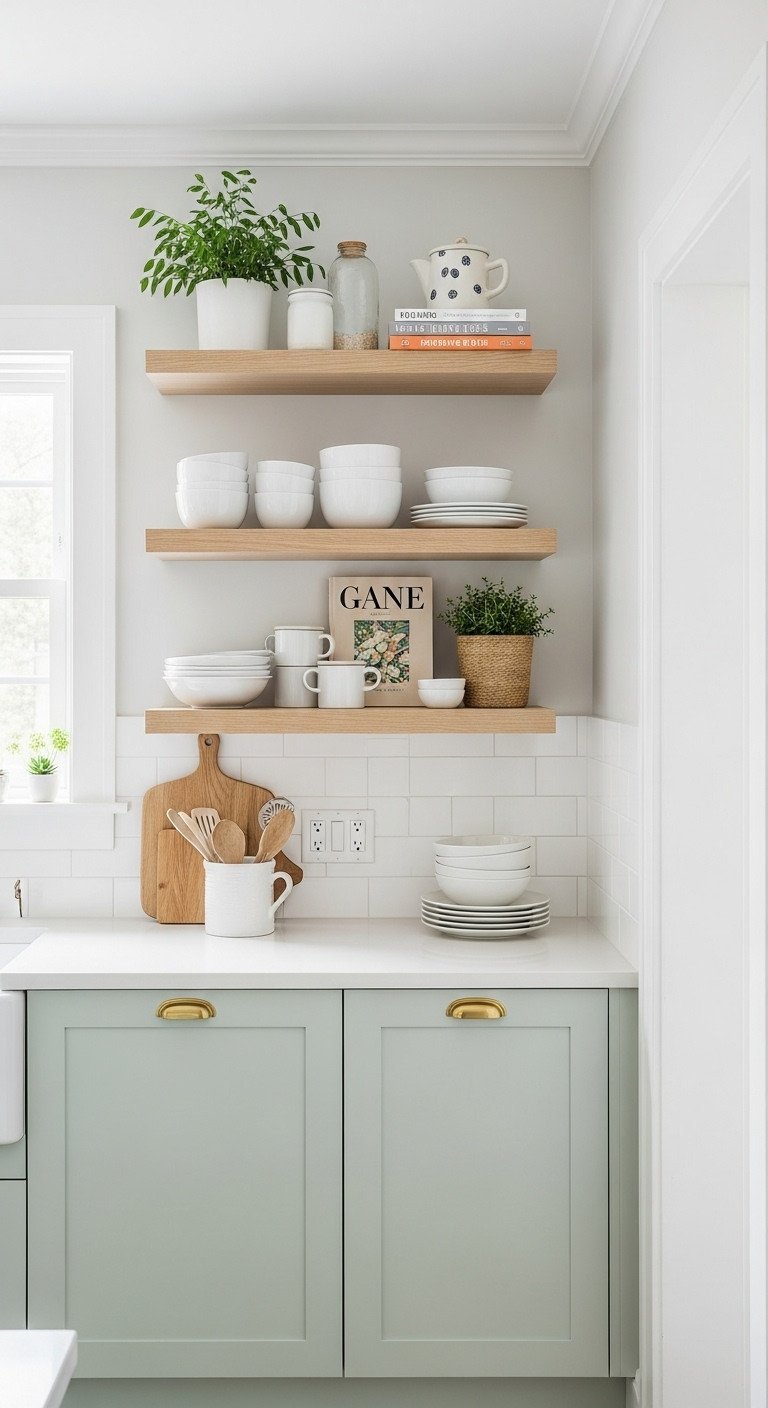 Organized kitchen with light sage green wall, floating white oak shelves, displaying white dishes, herbs, and cookbooks.