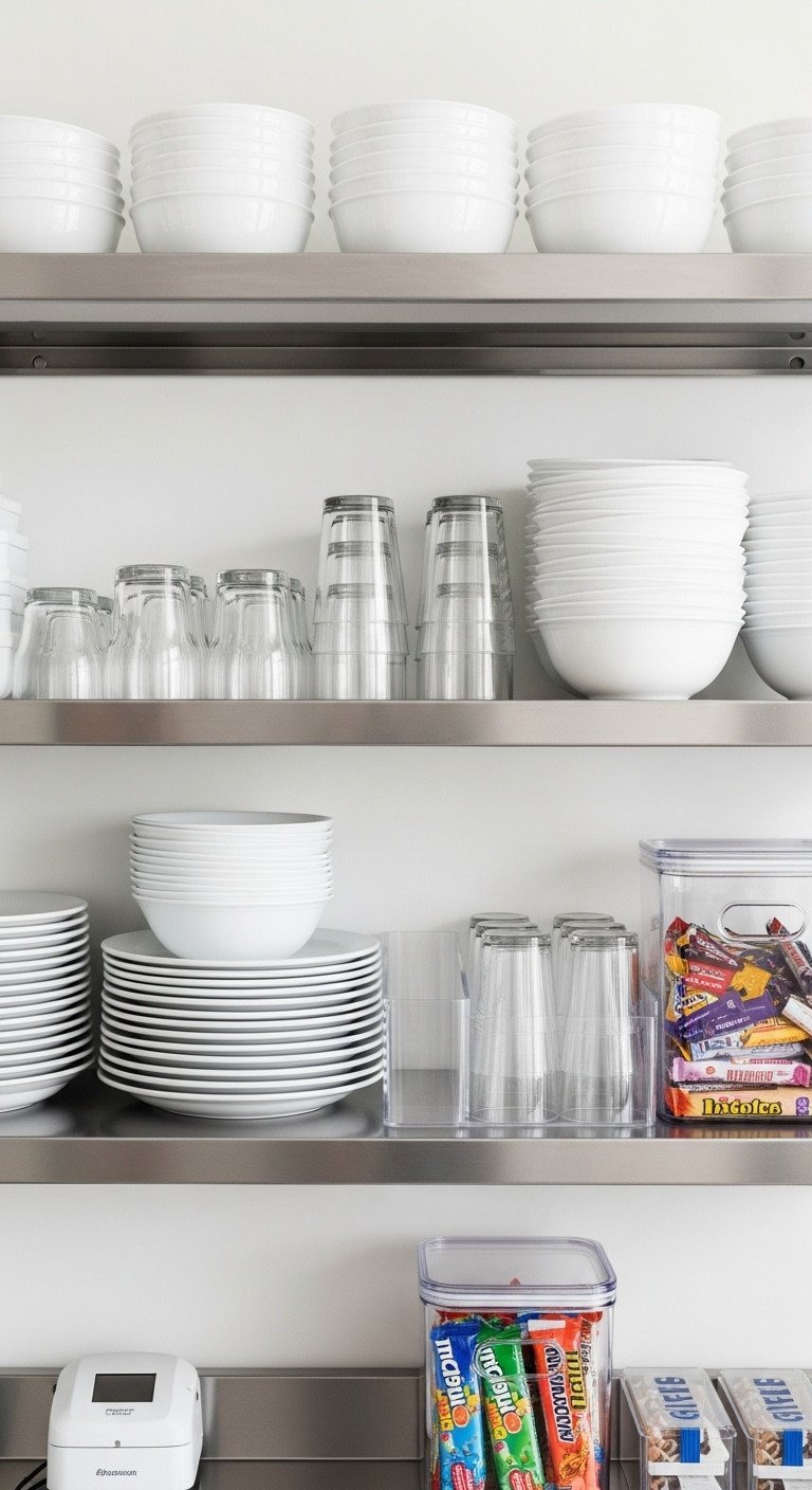Organized kitchen with stainless steel open shelves holding neatly stacked white plates, bowls, and drinking glasses.