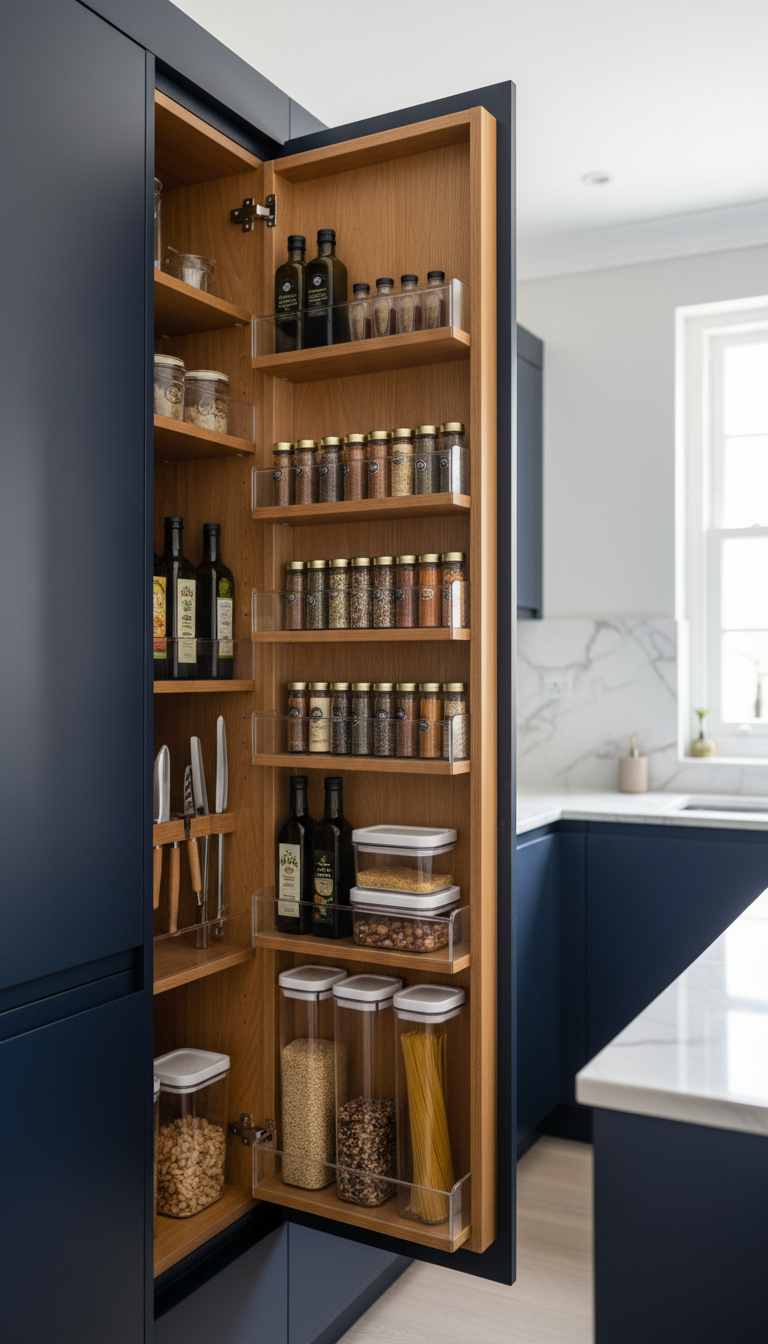 Organized luxury kitchen featuring a dark blue custom cabinetry pull-out pantry with clear acrylic dividers for spices, oils, and dry goods.
